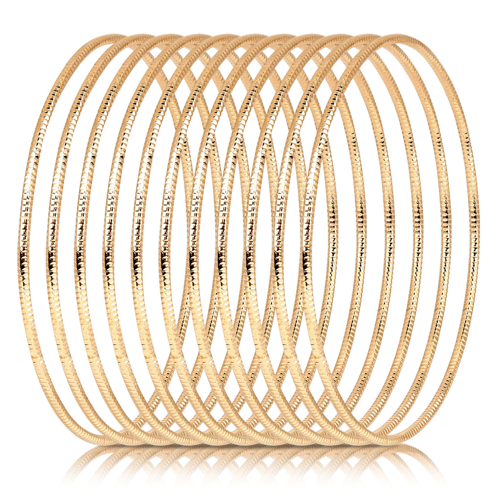 10-Piece Gold-Tone Extra-Large Bangle Set for Women, 2.68" Fixed Round Bracelets, Thin Stackable Textured Bangles for Large Hands, Non-Adjustable