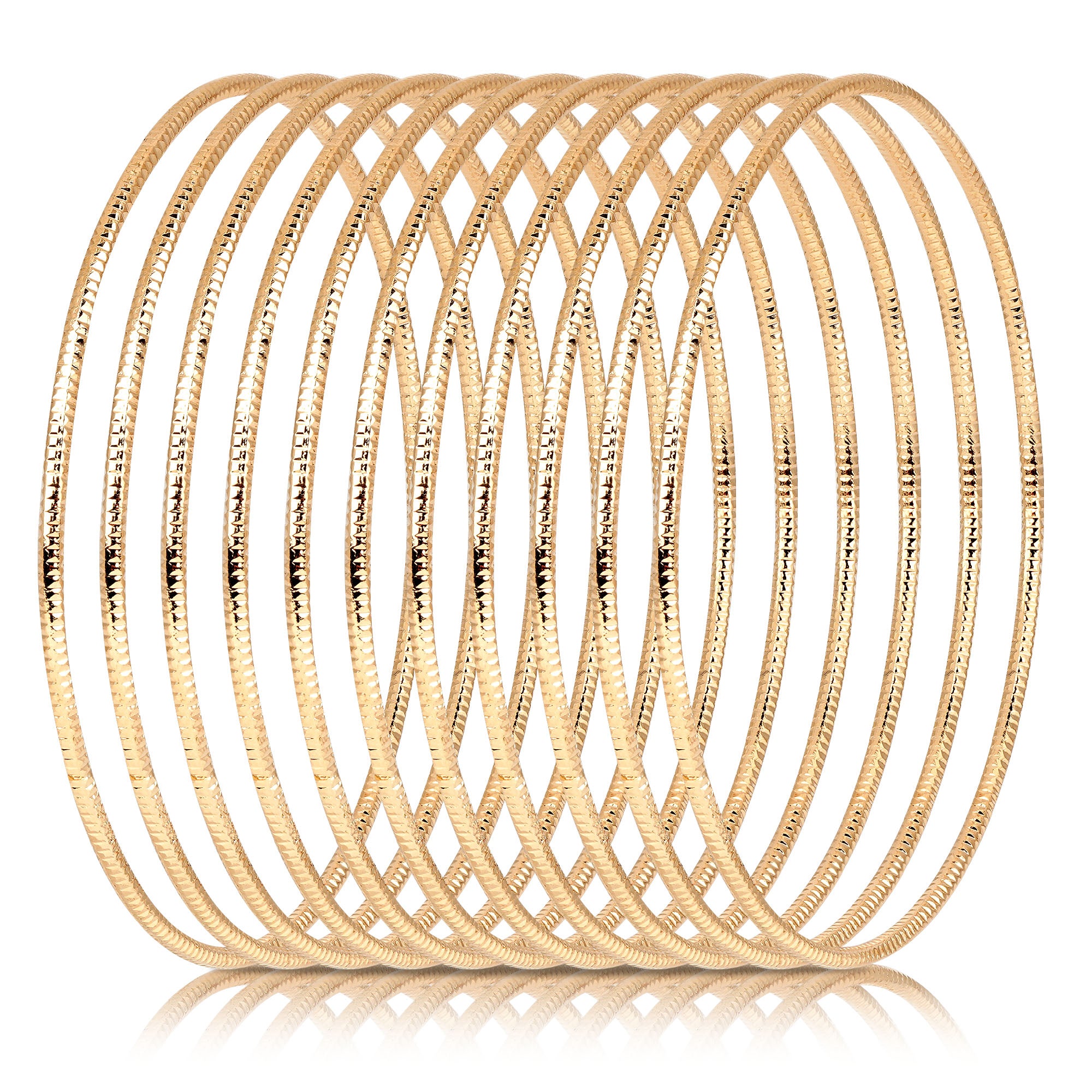 10-Piece Gold-Tone Extra-Large Bangle Set for Women, 2.68" Fixed Round Bracelets, Thin Stackable Textured Bangles for Large Hands, Non-Adjustable