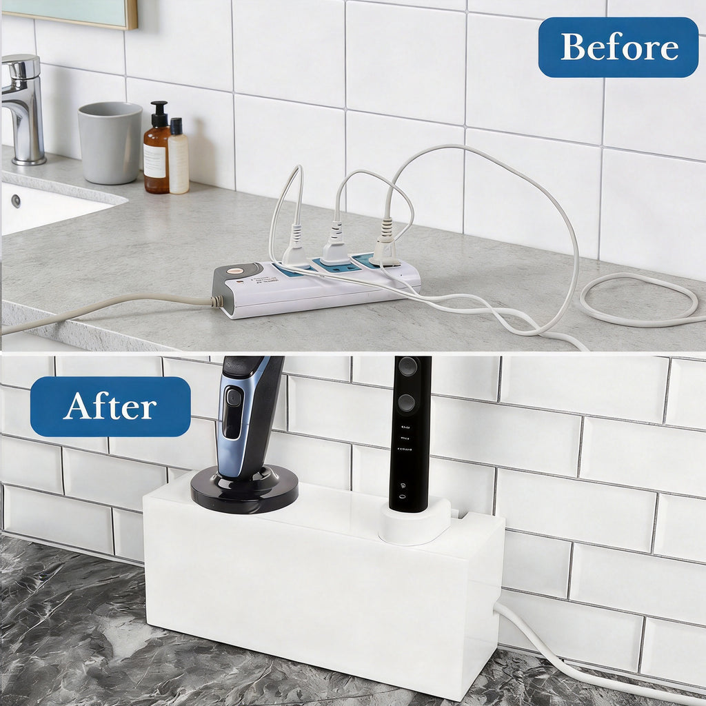 Linkidea Acrylic Bathroom Cord Storage Box, Compatible with Electric Toothbrush and Razor, Waterproof Power Cable Management Holder, Countertop Wire Organizer Container (White)