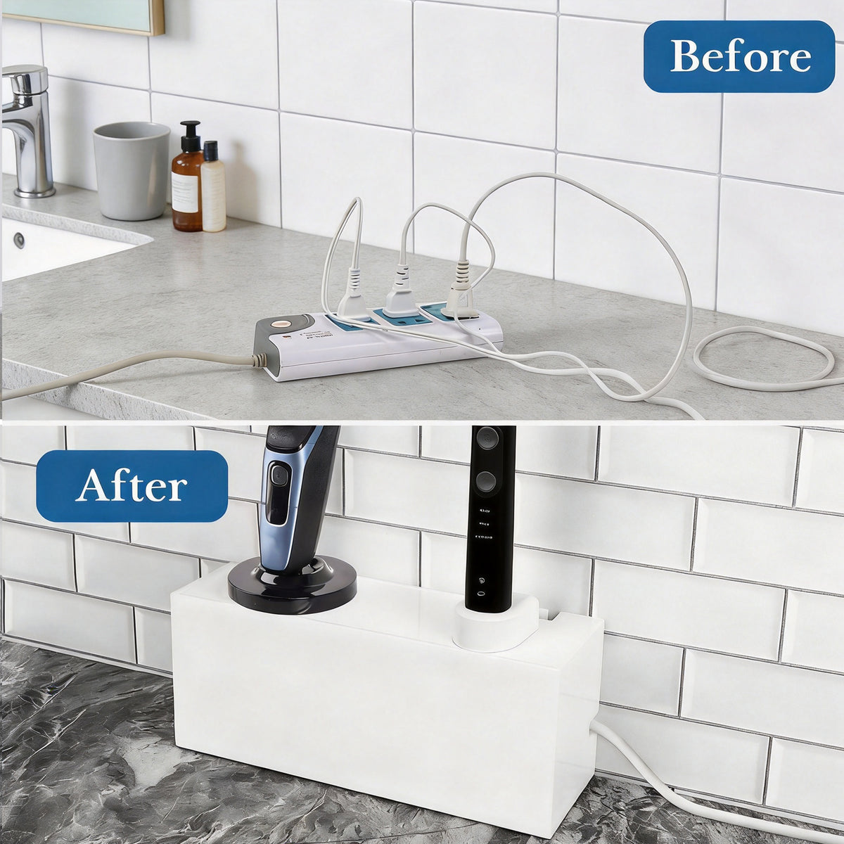 Linkidea Acrylic Bathroom Cord Storage Box, Compatible with Electric Toothbrush and Razor, Waterproof Power Cable Management Holder, Countertop Wire Organizer Container (White)