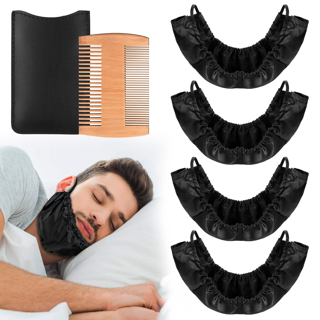 Linkidea 4 Pack Beard Bandana and Facial Beard Comb, XL Size Men Beard Guard Cover, Bedtime Beard Bib Apron Bonnet (Black)