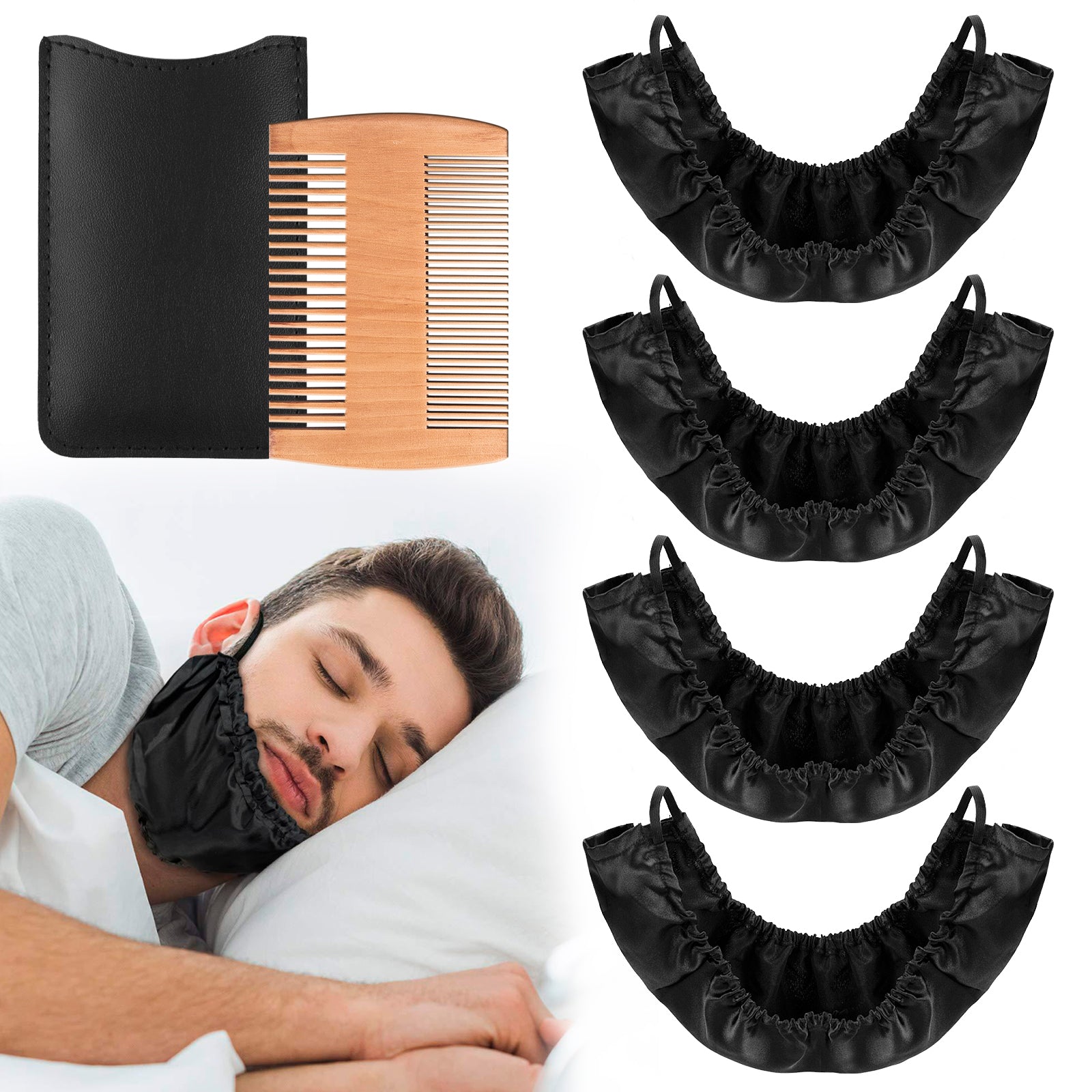 Linkidea 4 Pack Beard Bandana and Facial Beard Comb, XL Size Men Beard Guard Cover, Bedtime Beard Bib Apron Bonnet (Black)