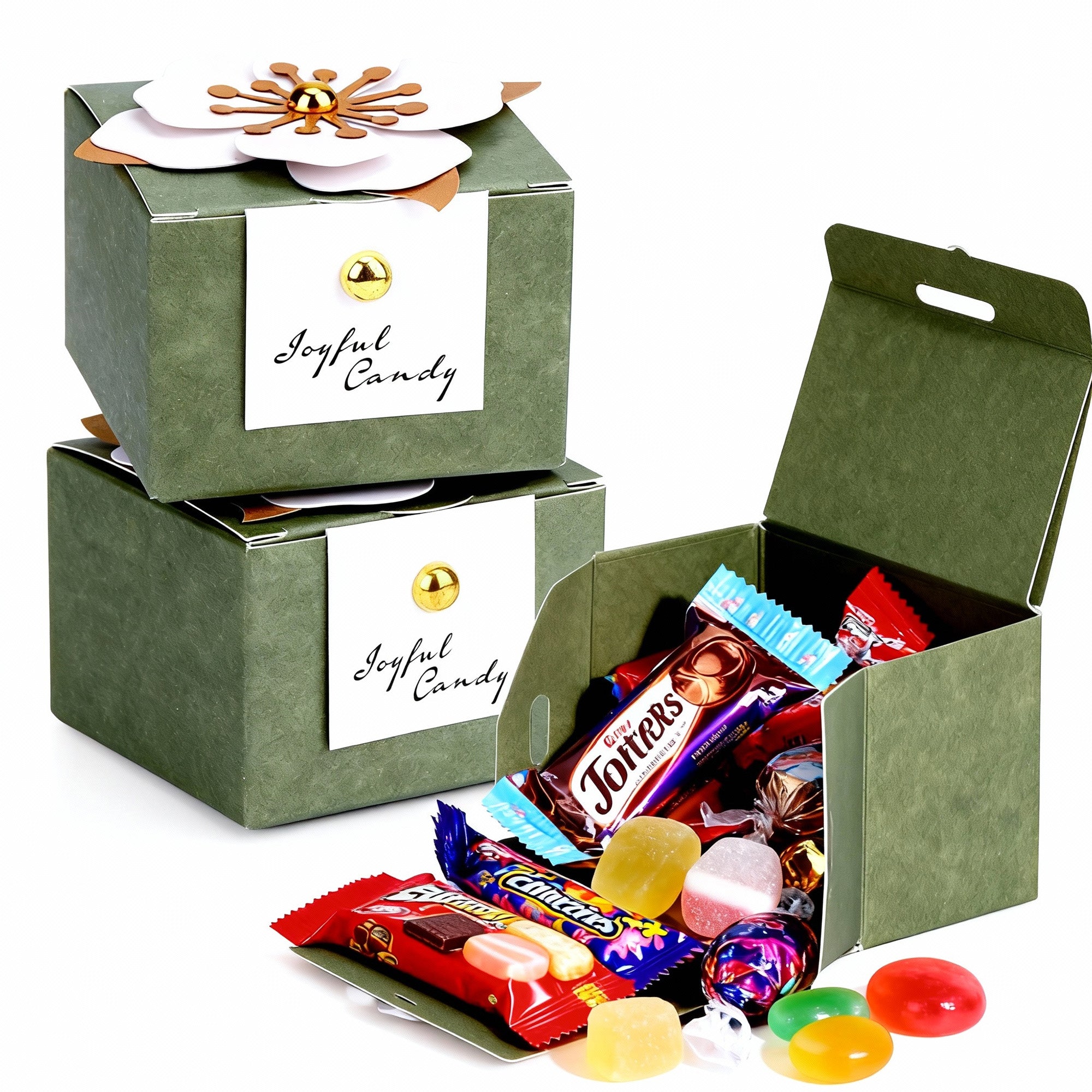 Linkidea 20 Pcs Green Floral Folding Candy Gift Boxes 2.55" x 2.55" x 1.77" for Wedding Favors, Elegant Party Thank You Boxes with Tags