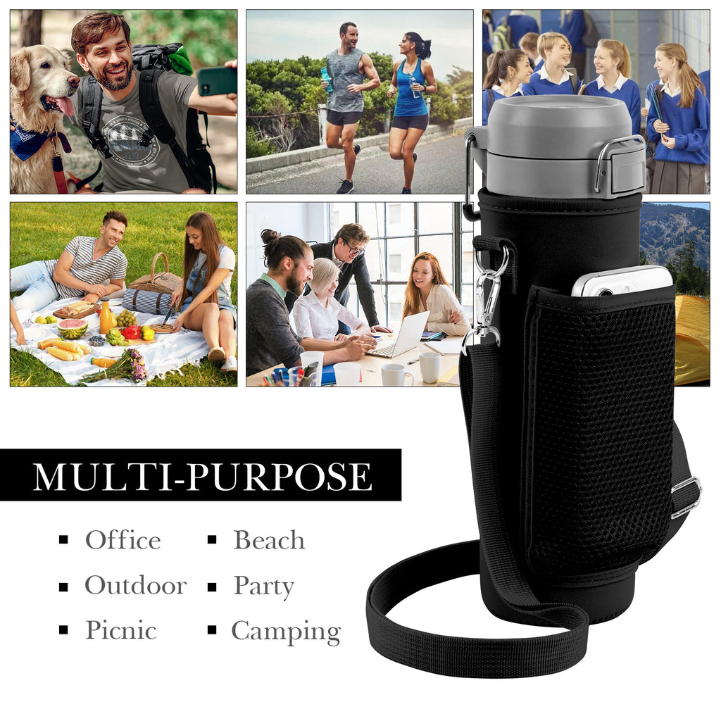 Linkidea Water Bottle Carrier with Strap Compatible with Stanley Quick Flip GO 24/36oz, IceFlow Fast Flow 24/36oz, Waterbottle Sling Bag Holder, Shoulder Strap with Phone Mesh Pocket, Black