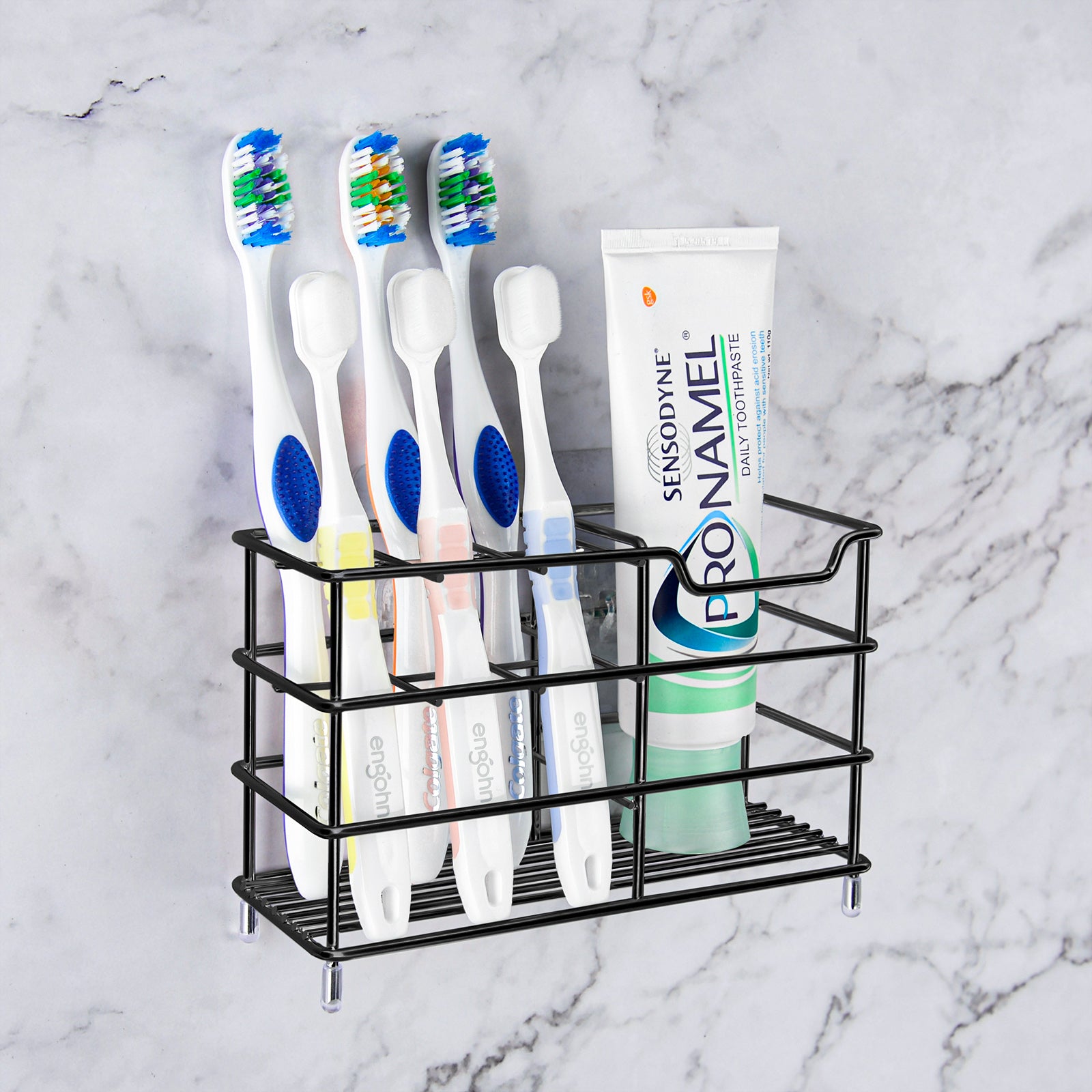 Linkidea Toothbrush Holder for Shower, Stainless Steel Tooth Brush Storage Stand Rack, Wallmount / Countertop 7 Slot Organizer Compatible with Colgate Extra Clean, Oral-B CrossAction (Black)