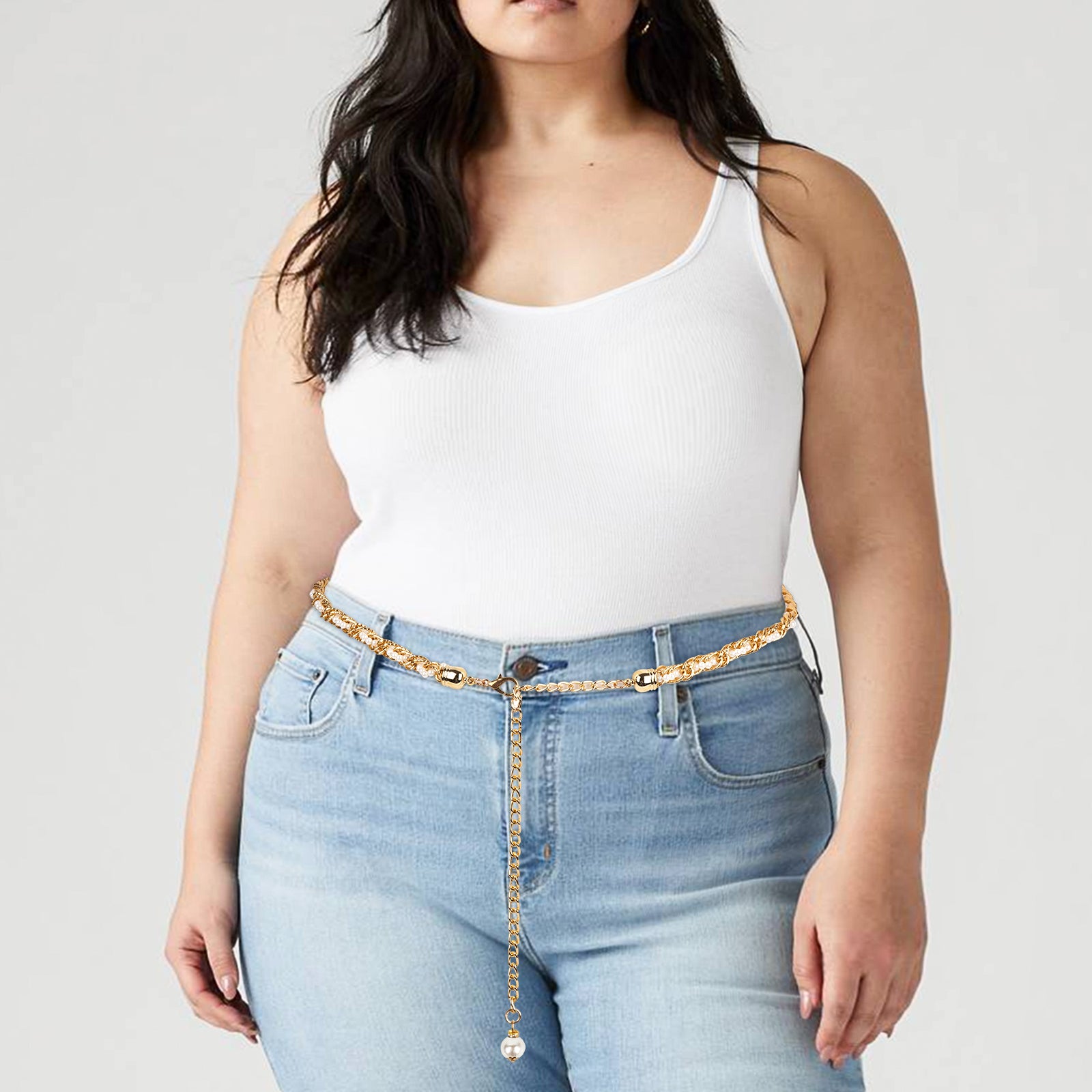 Plus Size Chain Belt for Women, Gold and White Faux Small Pearl Waist Belt, 51 Inch Adjustable Extra Long Body Decorate for Dresses, Party, Casual Wear, Fashion Jewelry Accessory