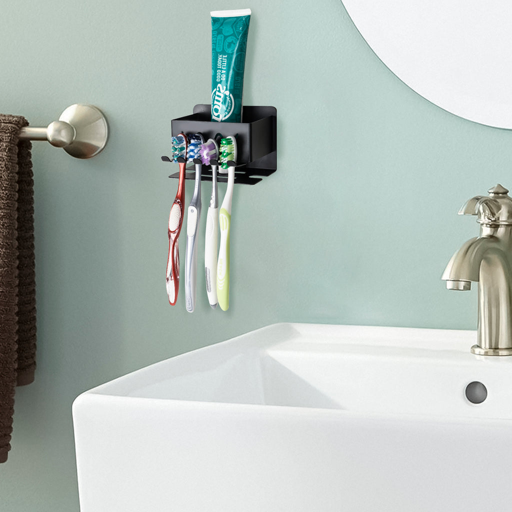 Linkidea Wall Mounted Toothbrush Holder for Shower, Stainless Steel 4 Slot Tooth Brush and Toothpaste Hanger, Self-Adhesive Organizer Compatible with Colgate Extra Clean, Oral-B CrossAction(Black)
