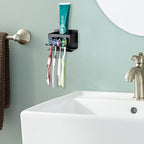 Linkidea Wall Mounted Toothbrush Holder for Shower, Stainless Steel 4 Slot Tooth Brush and Toothpaste Hanger, Self-Adhesive Organizer Compatible with Colgate Extra Clean, Oral-B CrossAction(Black)