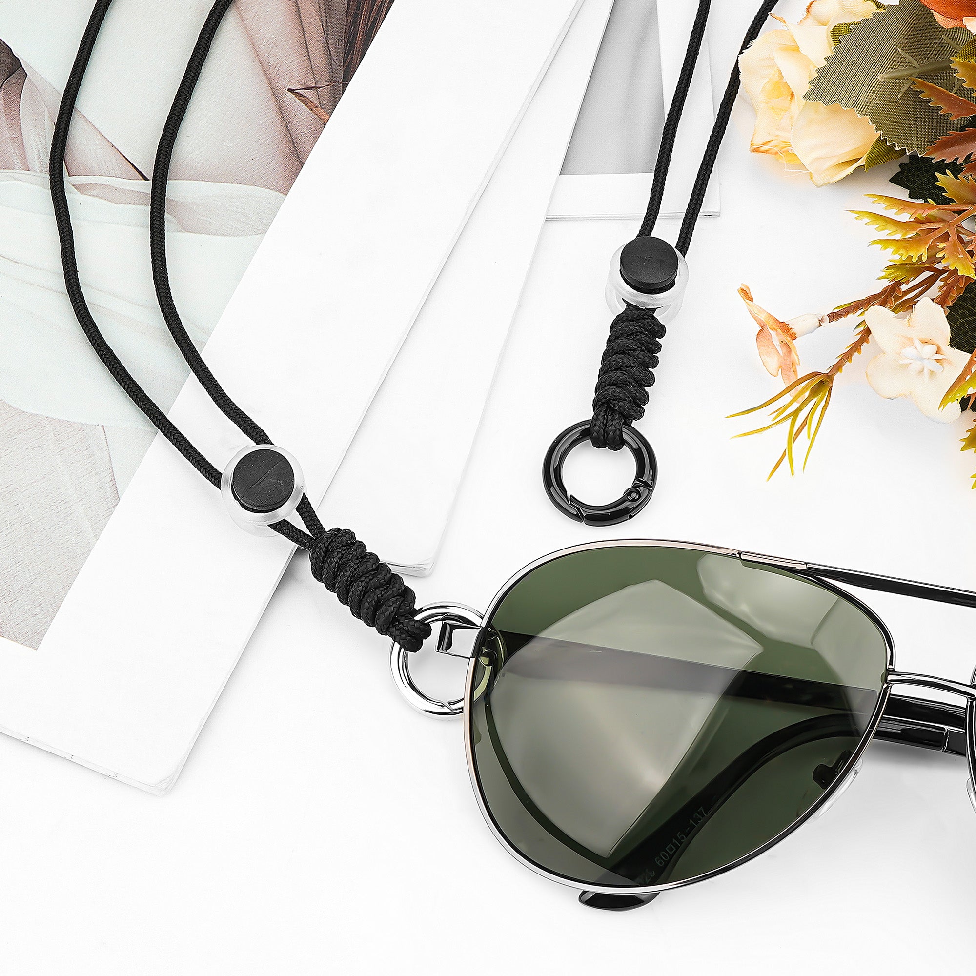 Sunglasses Holder Necklace Strap with Alloy Glasses Ring, 2 Pack Adjustable Eyewear Retainer Anti-Lost Chain Cord