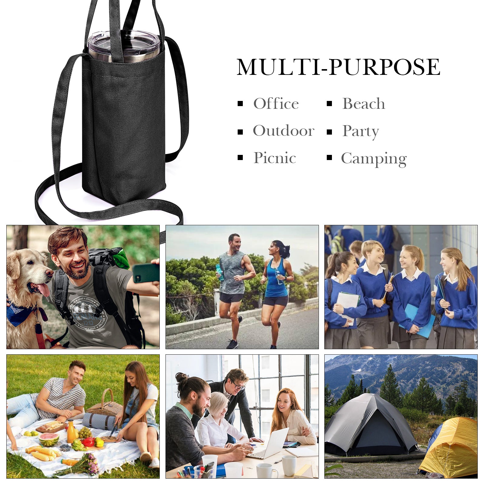 Linkidea Tumbler Carrier with Strap Compatible with YETI Rambler Tumbler 30oz, IRON °FLASK Classic Tumbler 2.0 20oz/24oz/32oz, Waterbottle Sling Bag Coffee Mug Holder, Shoulder Strap, Black