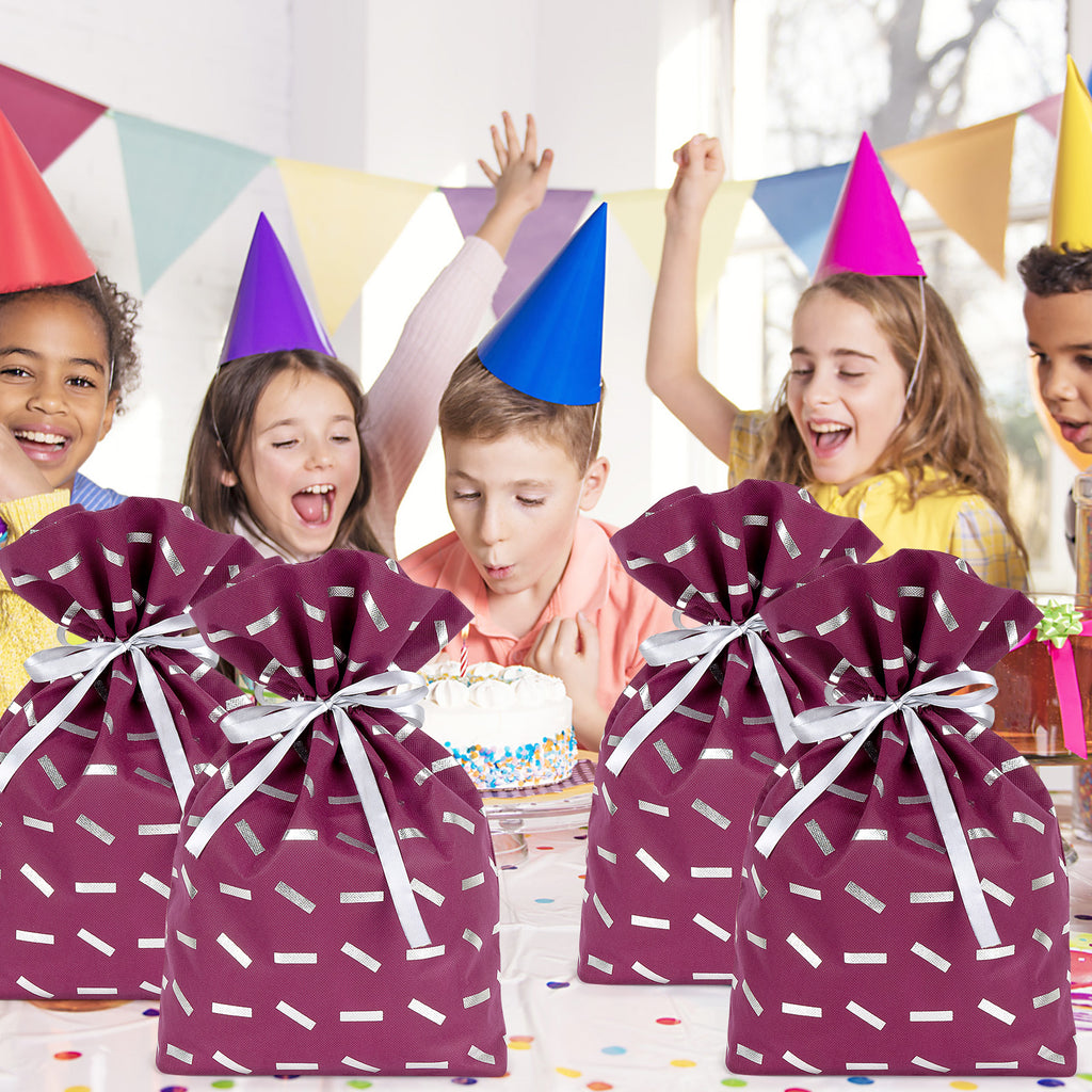 Linkidea 4 Pack Reusable Drawstring Gift Bags, Present Storage Bag for Birthday, Christmas, Non-Woven Fabric Gift Wrap Tote Bag for Kids Party Compatible with LEGO Toys (Size M / Purple)