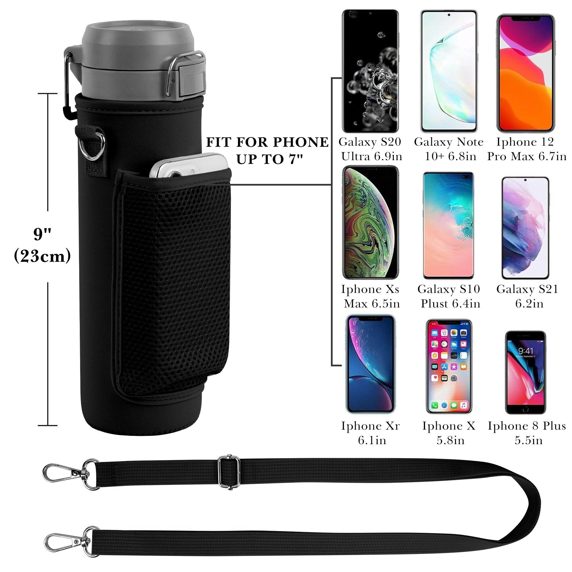 Linkidea Water Bottle Carrier with Strap Compatible with Stanley Quick Flip GO 24/36oz, IceFlow Fast Flow 24/36oz, Waterbottle Sling Bag Holder, Shoulder Strap with Phone Mesh Pocket, Black