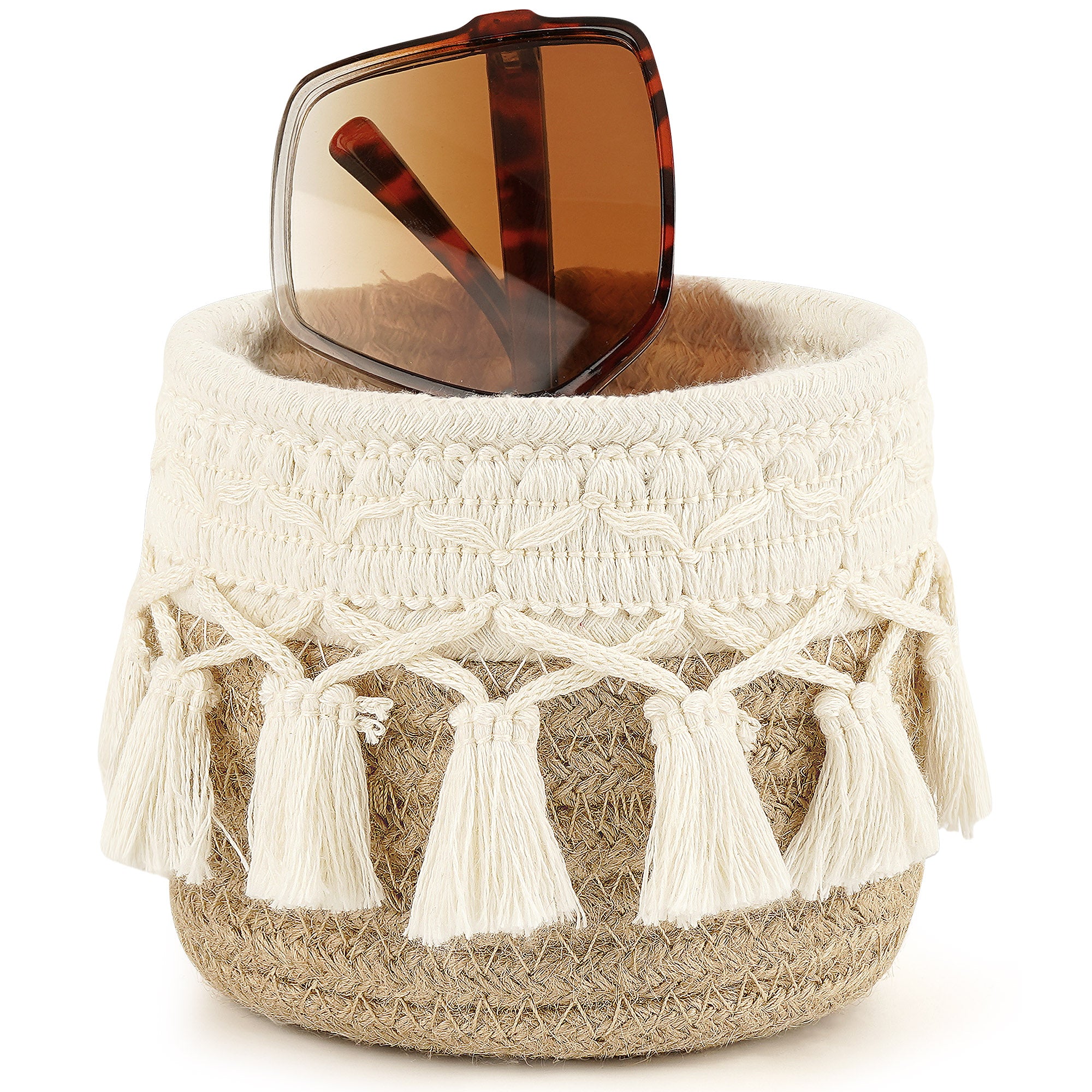Extra Large Sunglasses Desk Holder Stand, Brown Cotton Rope Eyewear Storage Desk Display Basket Compatible with RayBan RB8089/RB4098/RB3825/RB4376 Gucci GG0713S/GG1556S