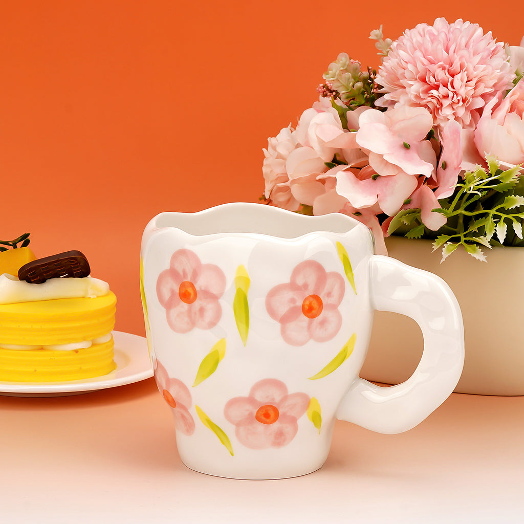 Linkidea Ceramic Coffee Mug, 12oz/350ml Hand-Painted Irregular Coffee Cup, Novelty Teacups with Handles for Beer, Latte, Hot Cocoa, Microwave and Dishwasher Safe (Pink Flower)