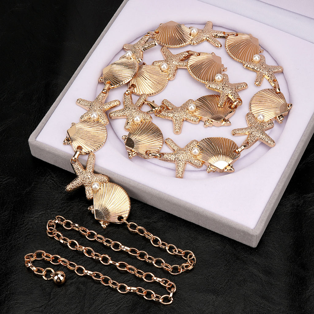 Chain Belt for Women, Metal Gold Shell Starfish with Faux Small Pearls Waist Belt, Max 47 Inch Adjustable Chunky Body Chain for Dresses, Party, Casual Wear, Fashion Jewelry Accessory