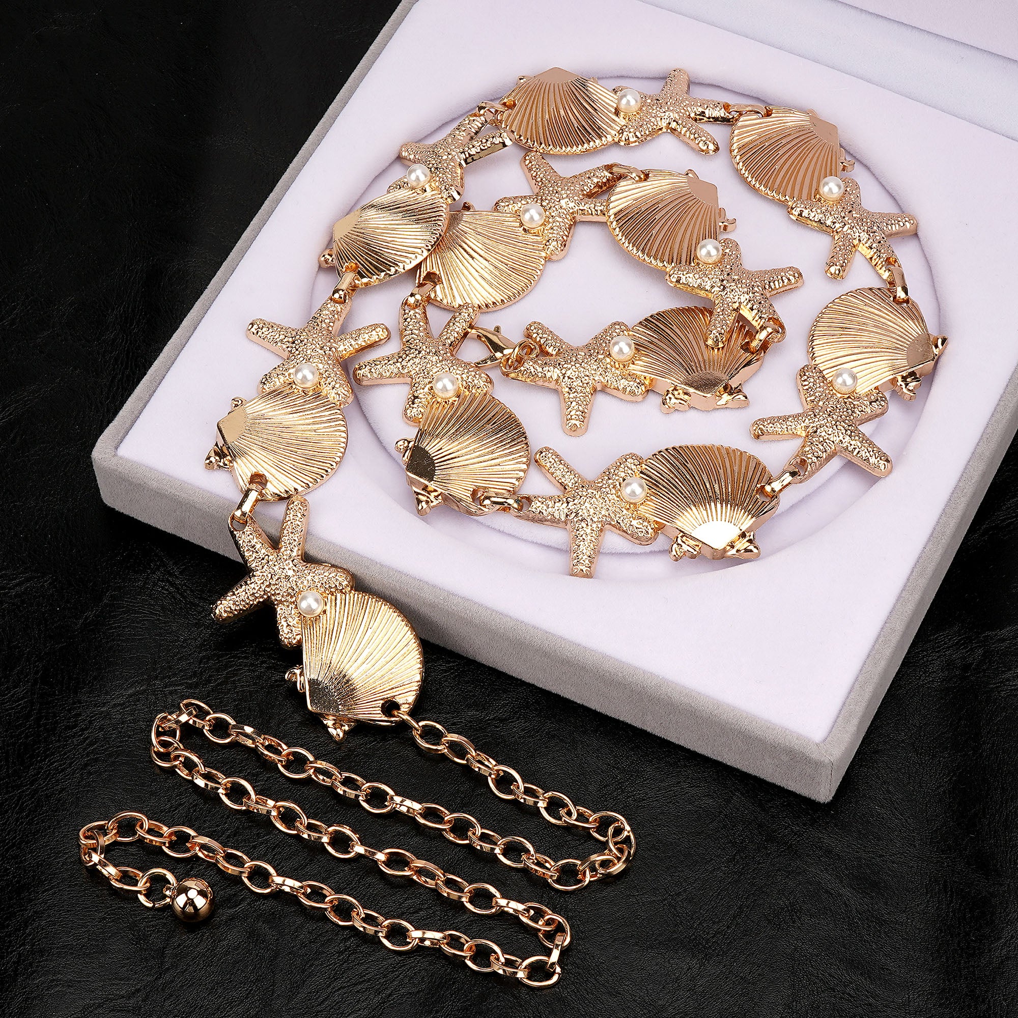 Chain Belt for Women, Metal Gold Shell Starfish with Faux Small Pearls Waist Belt, Max 47 Inch Adjustable Chunky Body Chain for Dresses, Party, Casual Wear, Fashion Jewelry Accessory