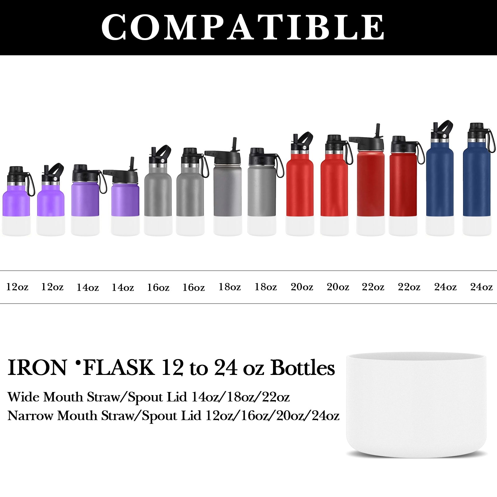 Linkidea 2 Pack Water Bottle Boot Compatible with IRON °FLASK Wide/Narrow Mouth 12oz/14oz/16oz/18oz/20oz/22oz/24oz, Silicone Bottle Bottom Sleeve Cover Bumper Protector (White)