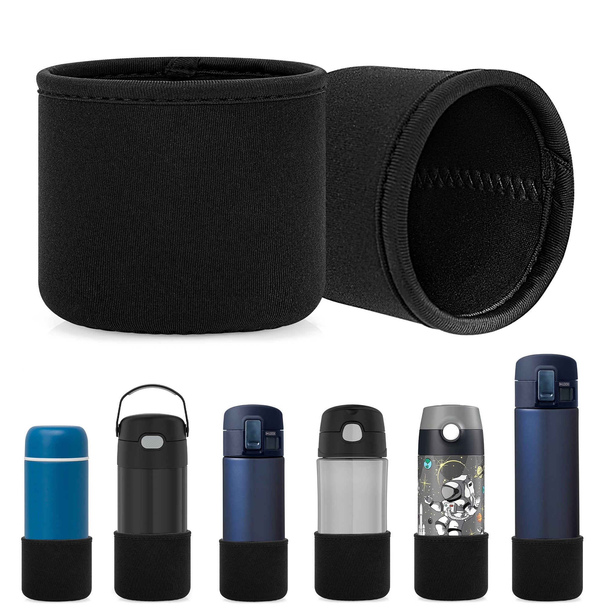 Linkidea 2 Pack Neoprene Water Bottle Boot Compatible with Thermos FUNTAINER Steel/Tritan 12oz/16oz, Ion8 Sport 12oz, JARLSON, Universal 2.3" - 2.7" Bottle Bottom Bumper Protector (Black)