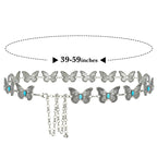 Plus Size Chain Belt for Women, Turquoise Stone Silver Metal Chain Belt Women Belly Waist Chains, Extra Long Body Chain, 59 Inch Adjustable Chunky Belt Chain (Butterfly Style)