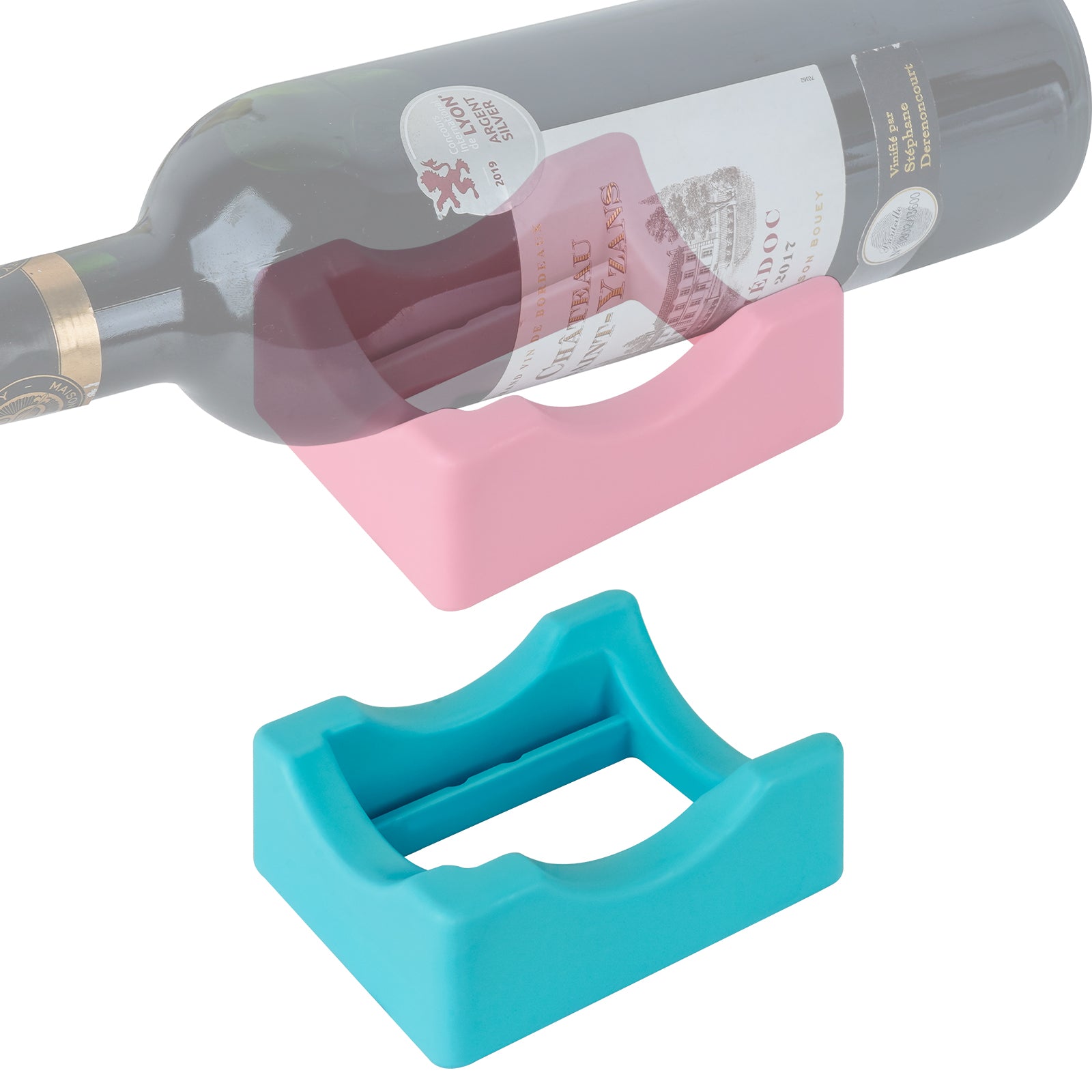 Linkidea Silicone Wine Rack, Versatile Beverage Stand, Anti-Slip Countertop Holder for Single Bottle, Compatible with Wine & Champagne, Display for Bar, Kitchen (Blue & Pink)