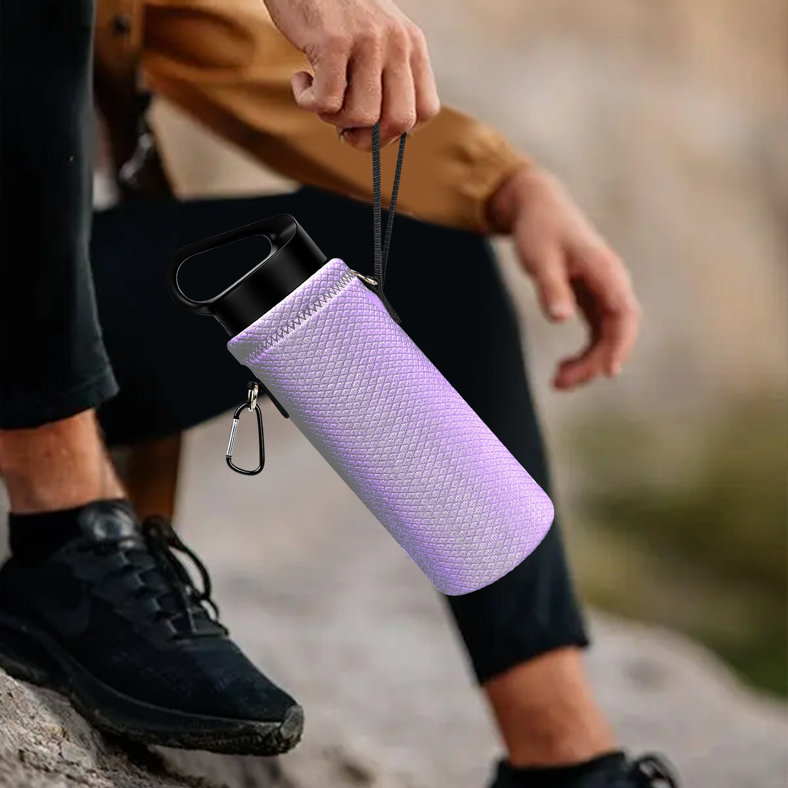 Linkidea Water Bottle Carrier with Shoulder Strap Compatible with Hydroflask Standard Mouth 18oz, CamelBak Carry Cap 20oz,Waterbottle Sling Bag Holder (Light Purple)
