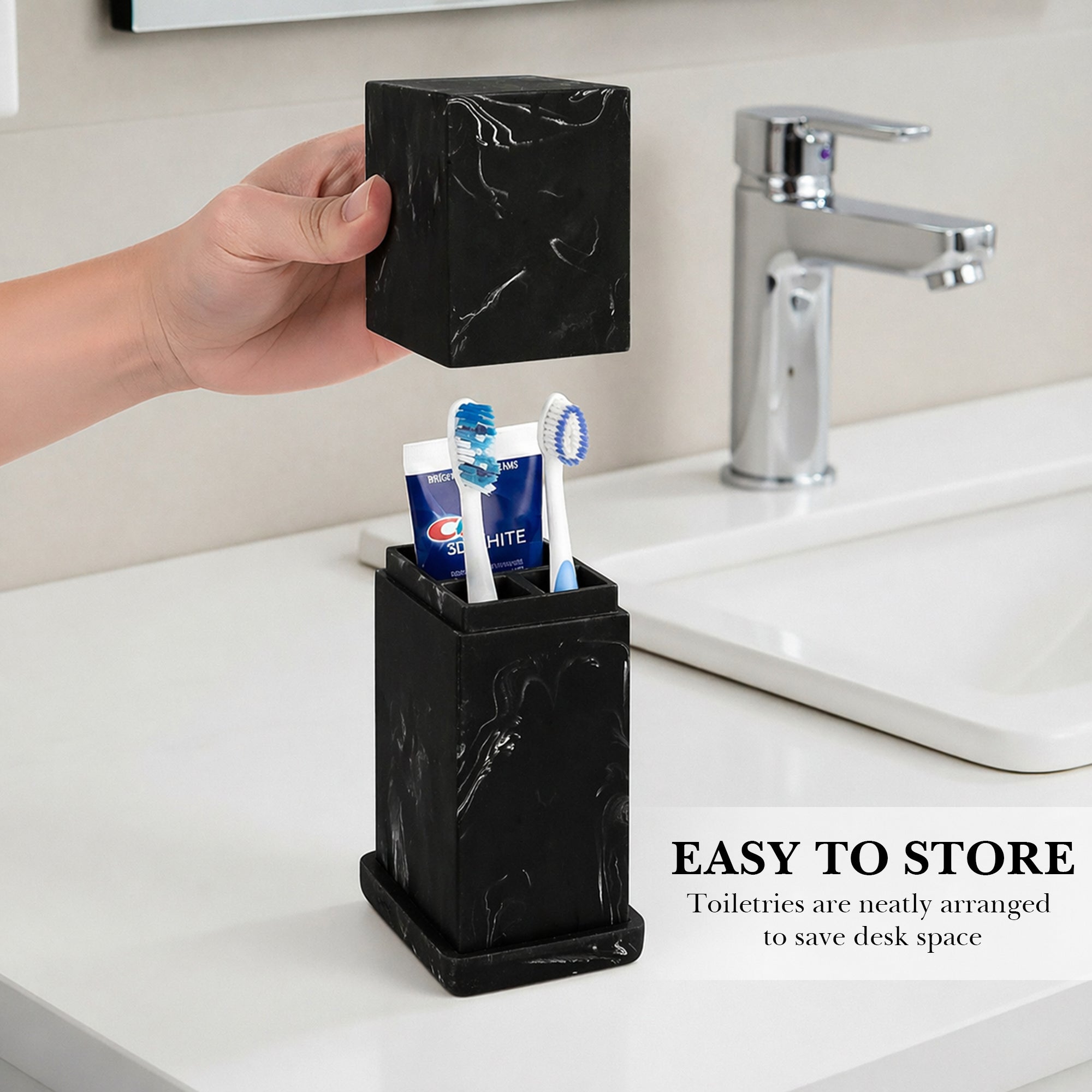 Countertop Manual Toothbrush Toothpaste Holder with Ventilated Lid, Black