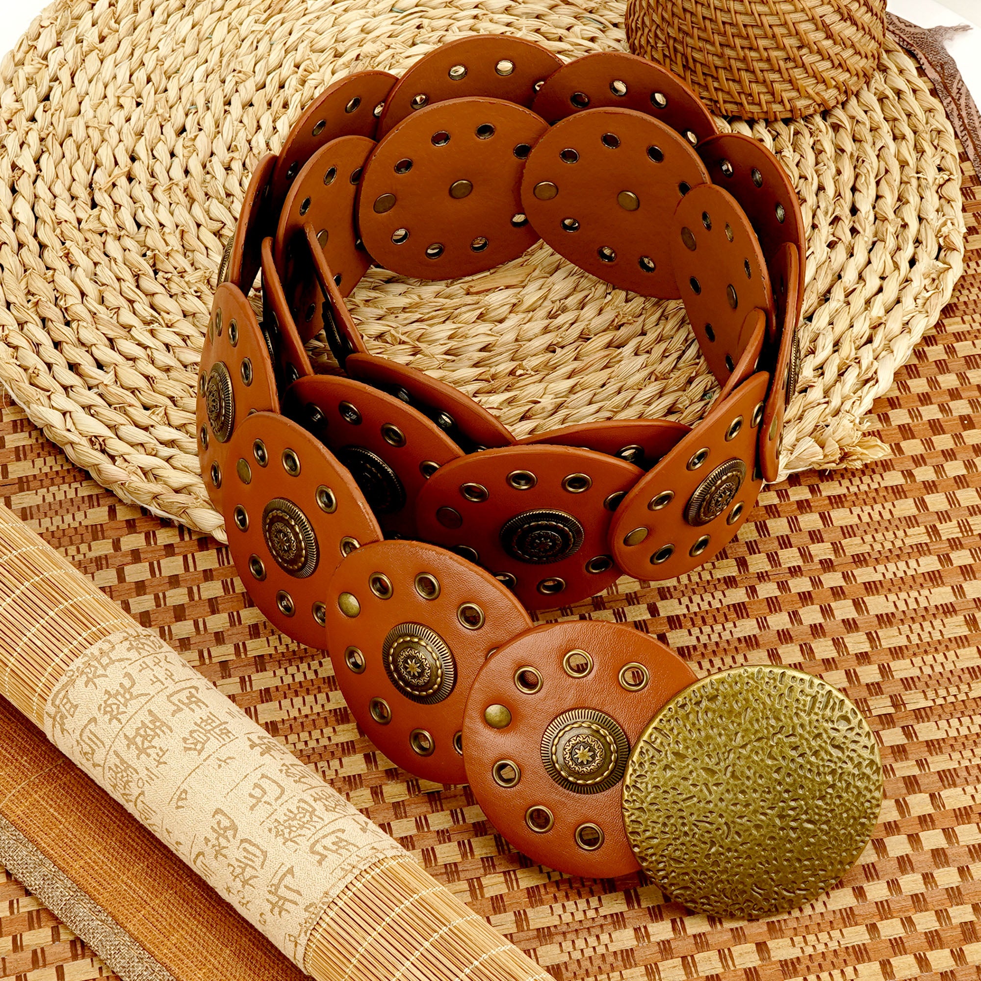 Plus Size Chain Belt for Women, Medieval Vegan Leather Metal Fashion Belly Waist Chains, 51 Inch Adjustable Chunky Body Accessory (XL, Brown)