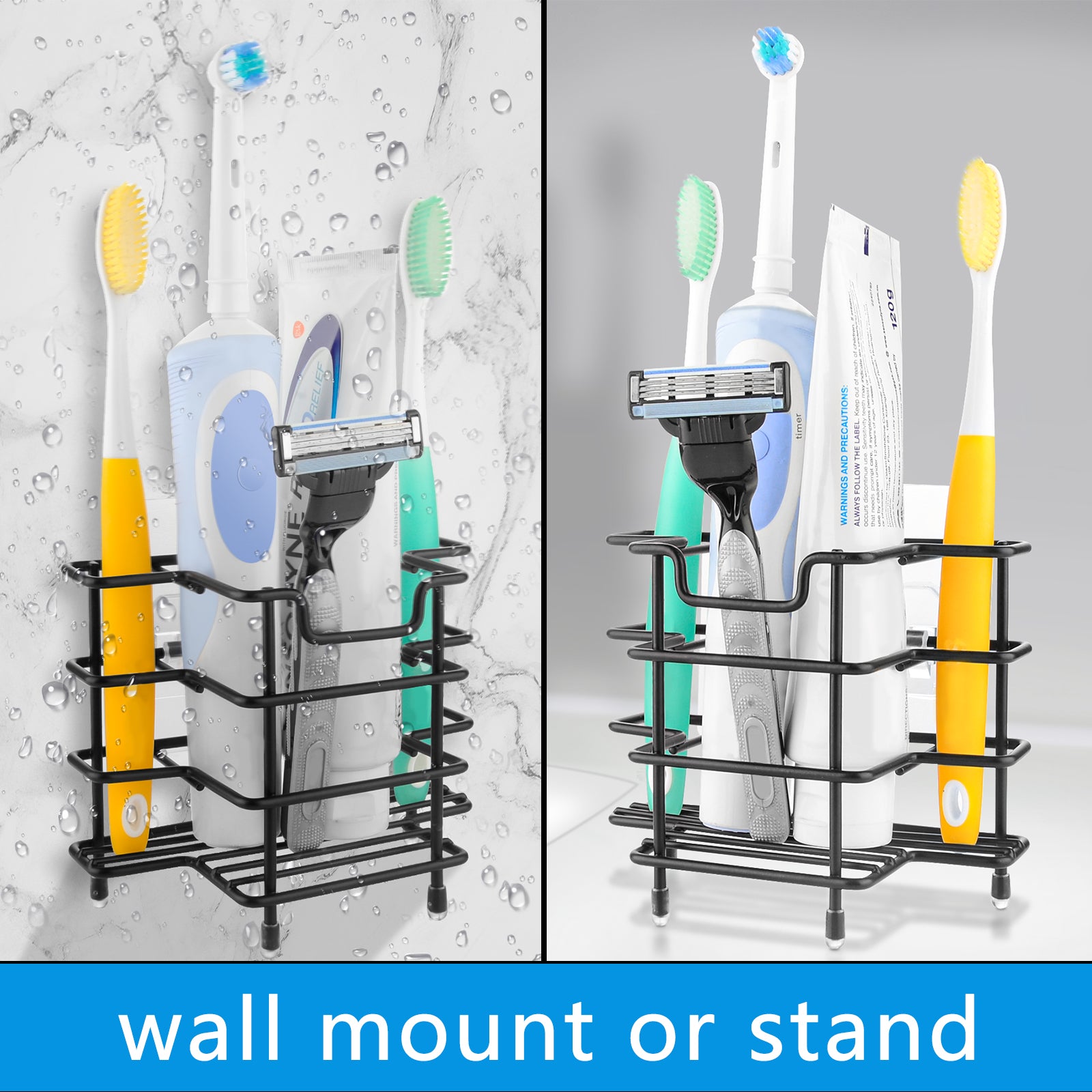 Linkidea Toothbrush Holder for Shower, Stainless Steel Brush Stand, Countertop/Wall Mount 3 Slots Organizer Compatible with Colgate Extra Clean, Oral-B CrossAction Manual Toothbrush (Black)