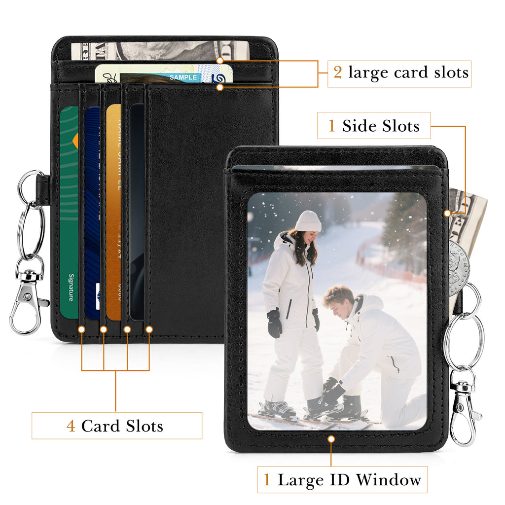 Linkidea Minimalist PU Leather Card Holder Wallet for Men & Women, Multi Card Slots Slim ID Holder with Keychain & Zipper Pocket, Compact Travel Wallet