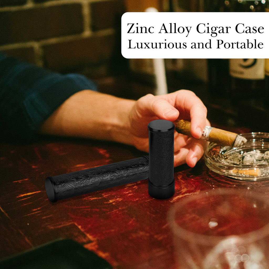 Linkidea Zinc Alloy Vintage Stripe Pattern Cigar Holder Case, Men's Airtight Single Tube, Portable Travel Cigar Case Compatible with 50 Ring Gauge Cigars (Black)