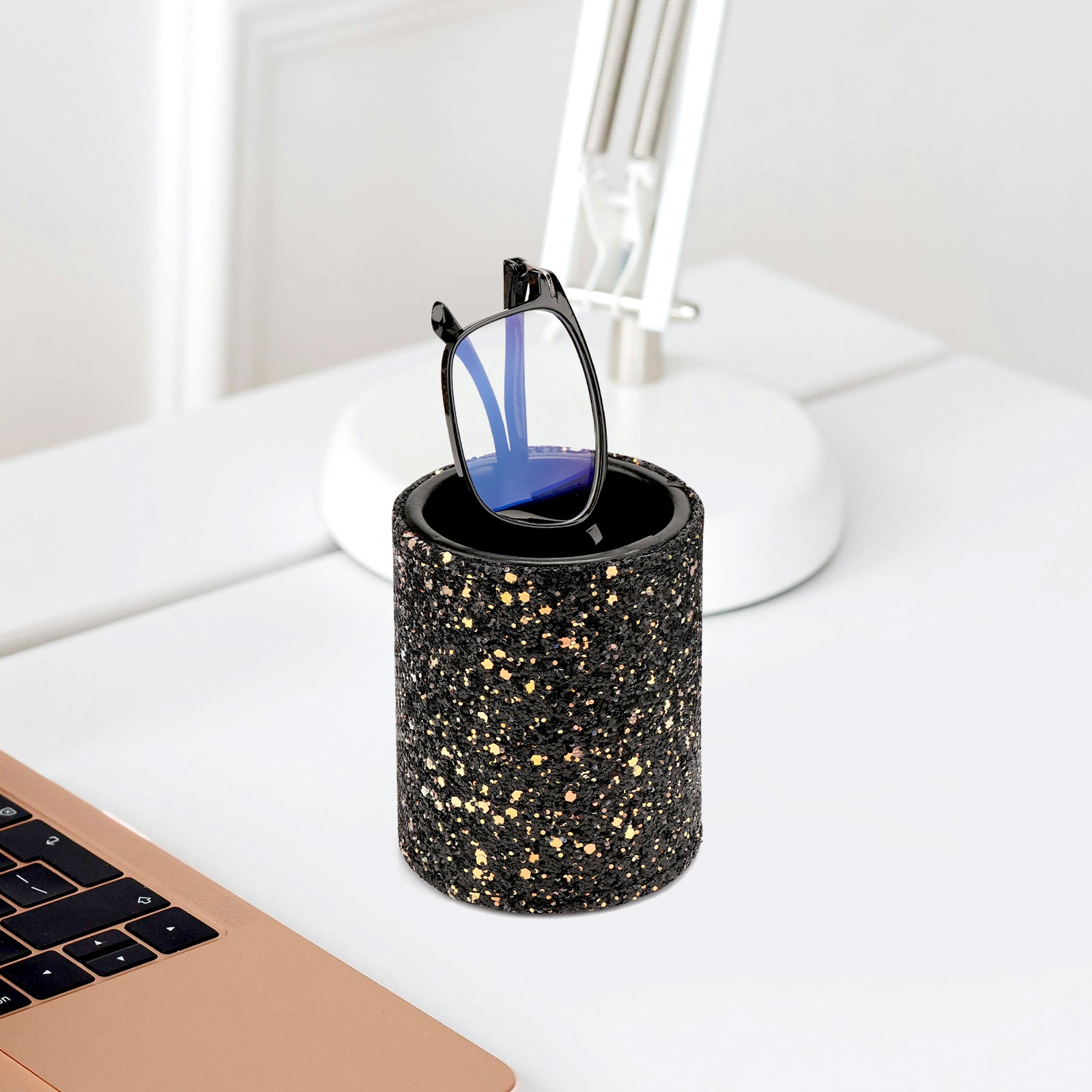 Eyeglasses Desk Holder Stand, Vegan Leather Lined Reading Glasses Holder for Nightstand Office Desk Organizer (Black)