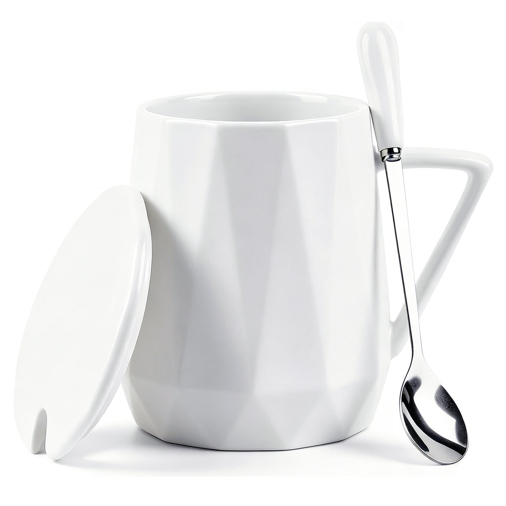 Linkidea 20oz Ceramic Coffee Mug with Lid and Spoon, Oversized Coffee Cups with Handles, Big Teacups for Office and Home, Microwave and Dishwasher Safe