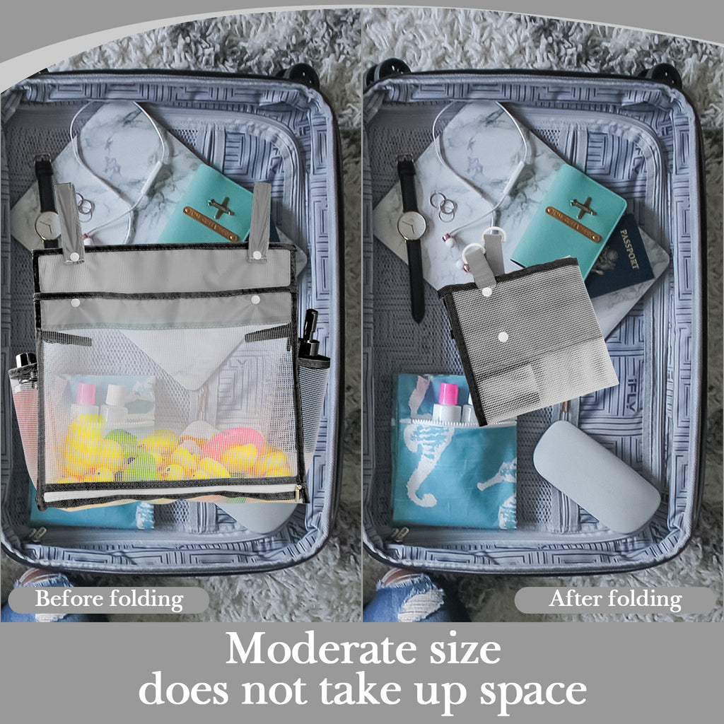 Linkidea 2 Pack Travel Mesh Bathroom Storage Bags, Portable Hanging Organizer Pouches with Suction Cup Hooks, Large Capacity for Toiletries, Bath Accessories, Shower, Camping, RV, Grey