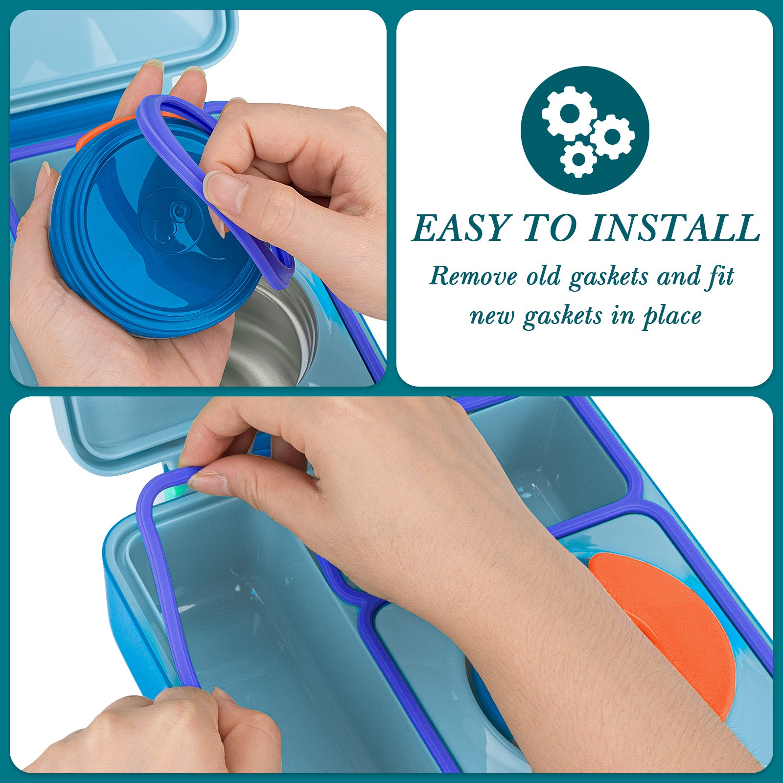 Linkidea 4 Pcs Silicone Seal Replacement, Exact Fit Lid Seal Gasket Compatible with OmieBox, Leakproof Food Safe Parts & Accessories for Bento Box (Blue)