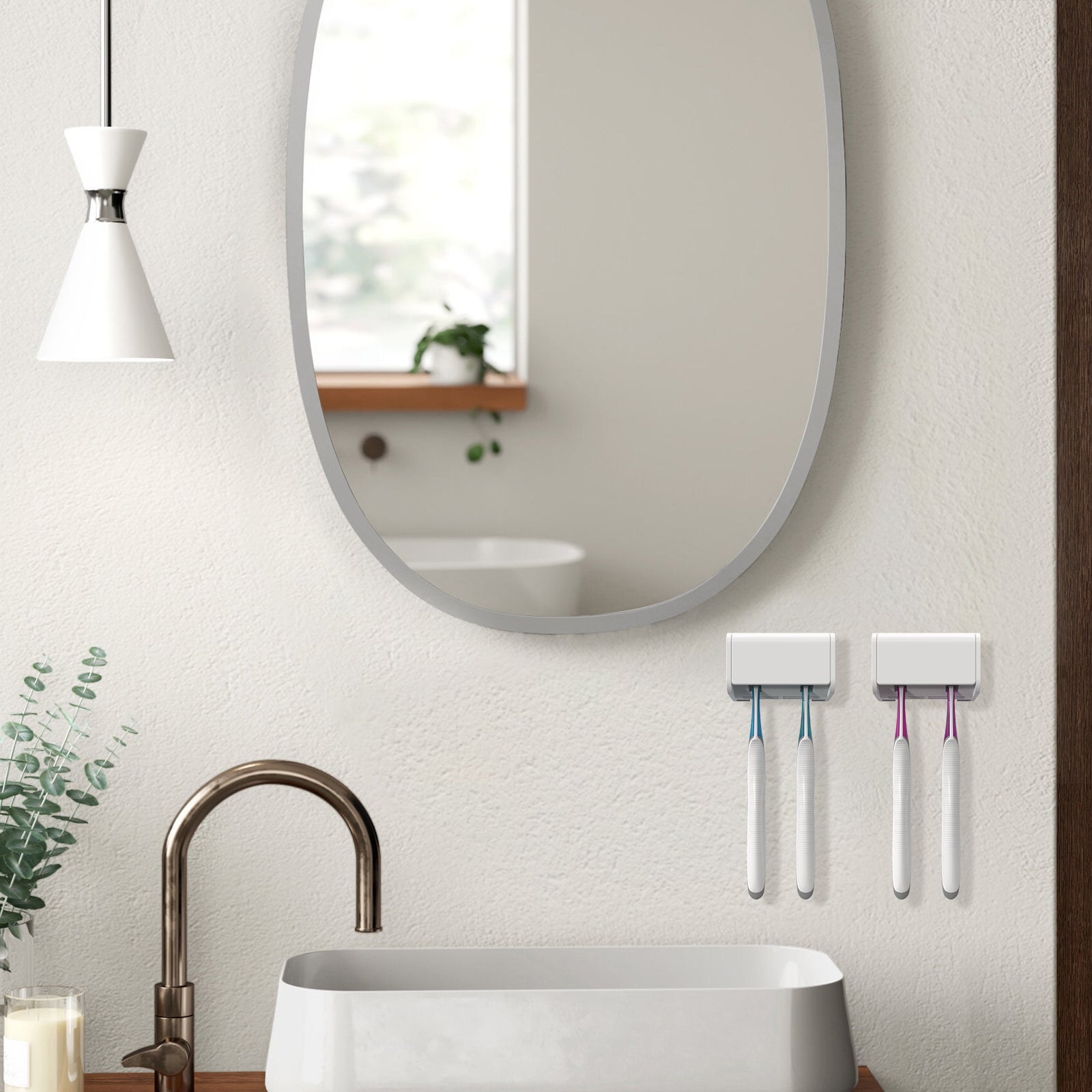 Linkidea Wall Mount Toothbrush Holder with Cover, Plastic Self Adhesive Wallmount 2 Slots Tooth Brush Hanger Compatible with Oral-B CrossAction, Colgate Renewal, Reach Essentials