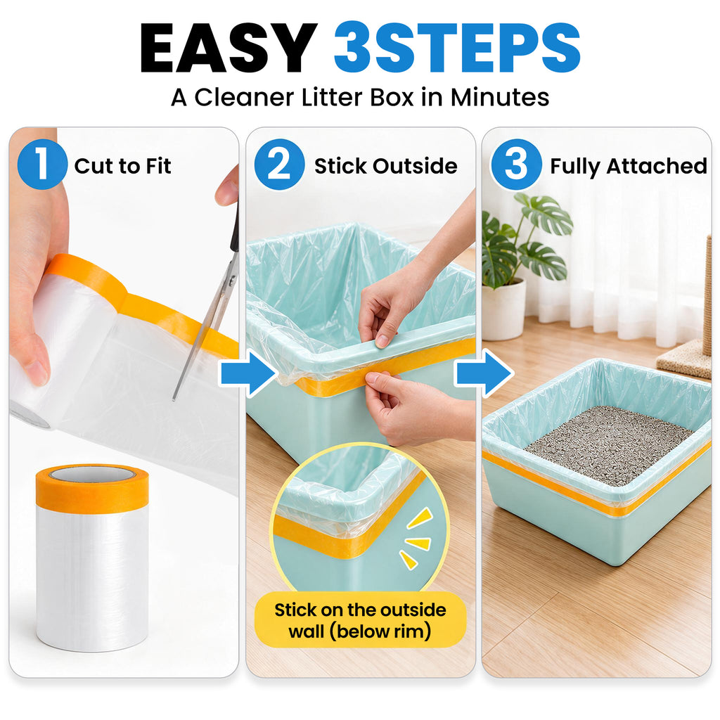 Self-Adhesive Cat Litter Box Liners, Cut-to-Fit Disposable Kitty Litter Pan Liner Sheets, Leak-Resistant Plastic Litter Tray Protector for Custom-Size Cat Boxes