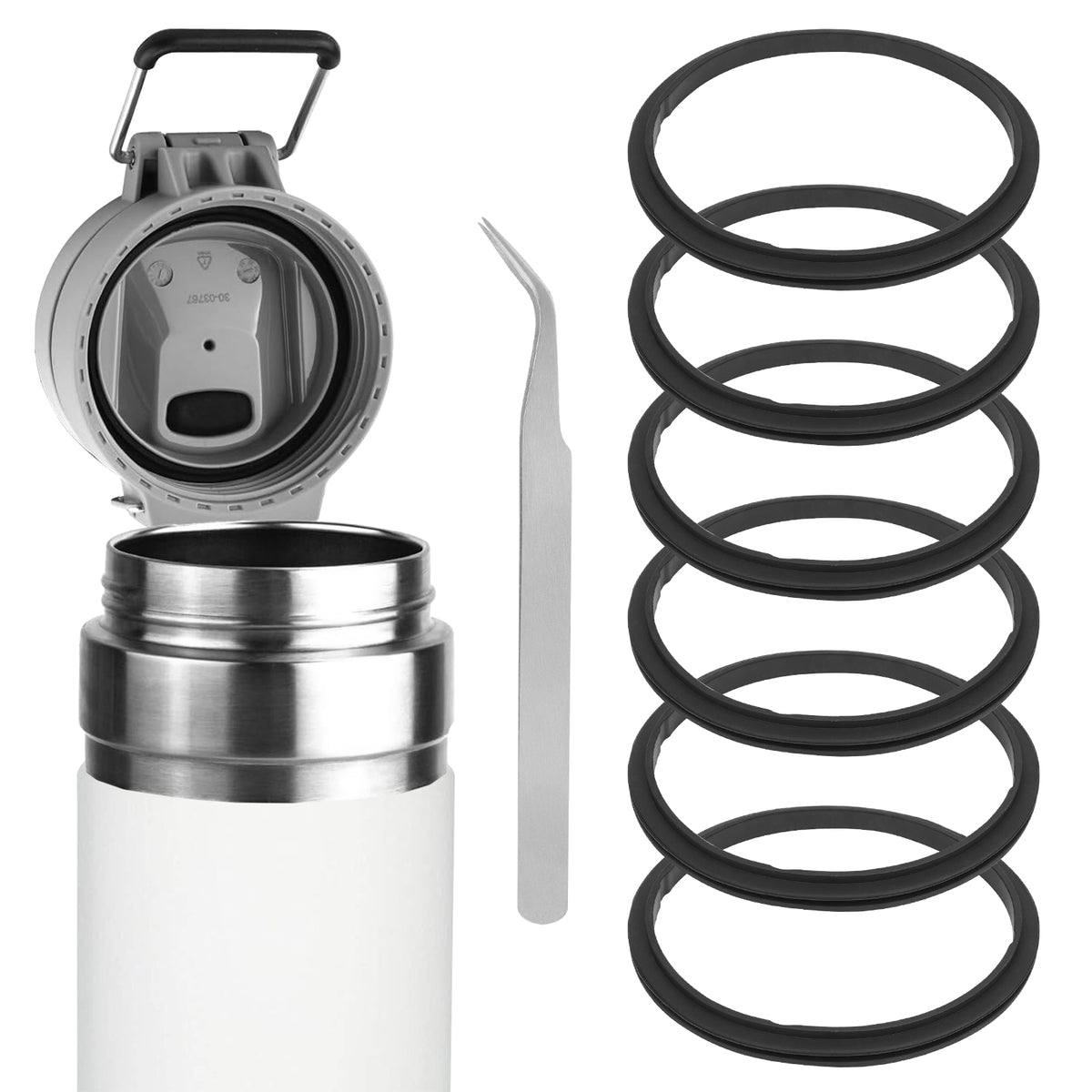 Linkidea 6 Pack Water Bottle Gasket Replacement Compatible with Stanley Quick Filp GO 24oz/36oz Waterbottle, Silicone O Ring Leak Proof Rubber Seal with Tweezer for Bottle Lid, Black