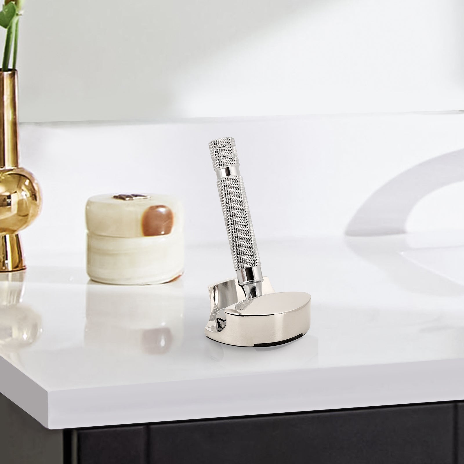 Linkidea Stainless Steel Shaver Holder, Men's Razor Holder with Anti-Slip Pad, Razor Stand Compatible with Merkur, Parker, Vikings Blade, Rockwell Most of Manual Razor (Nickel Color)