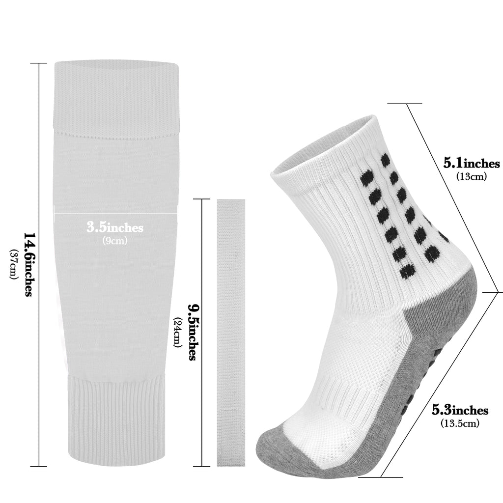 Linkidea Kids Soccer Grip Socks with Shin Guard Sleeve for Age 6 - 9 (White)