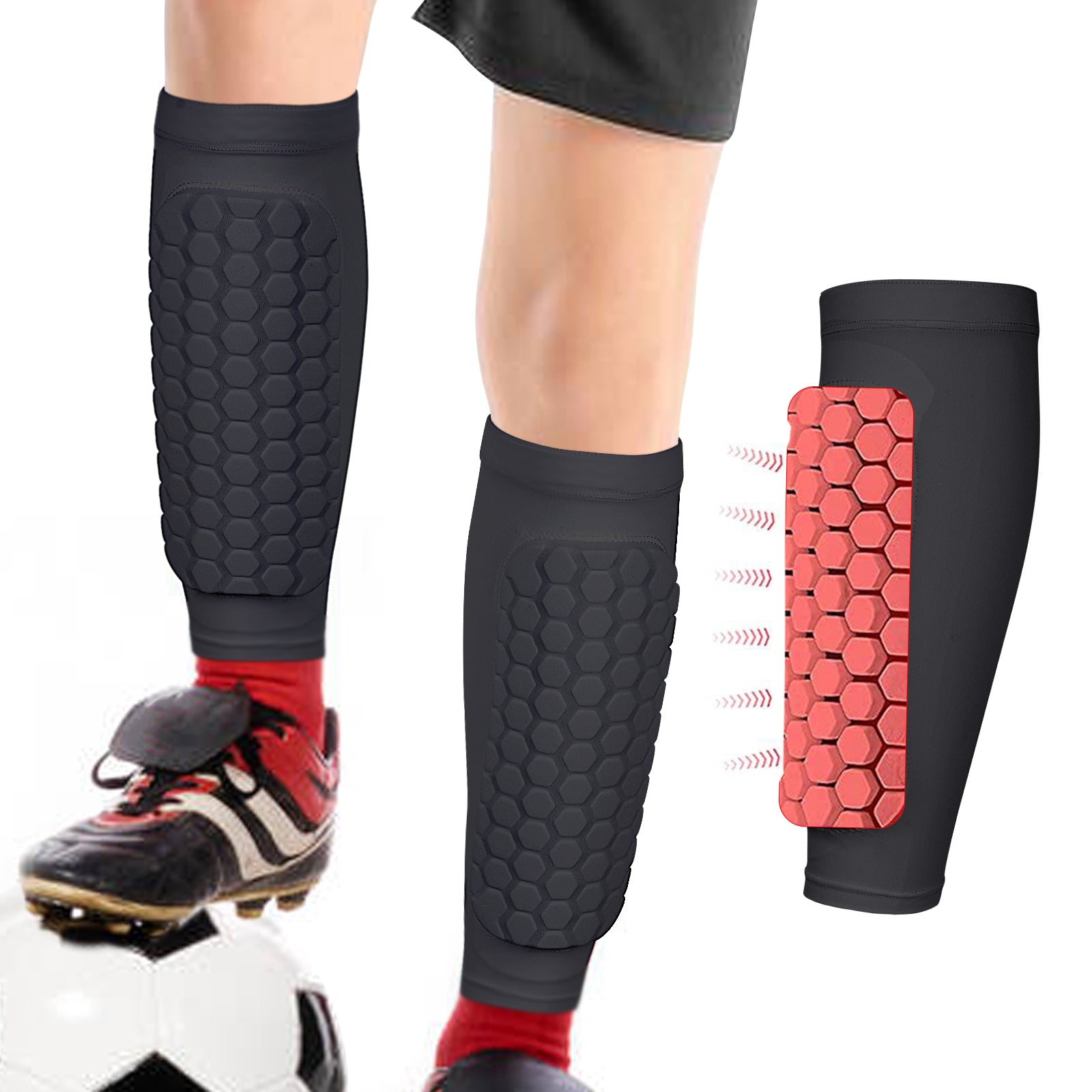 Linkidea Honeycomb Soccer Shin Guard for Adult, Lightweight Football Shin Pad Sleeve, Breathable and Easy to Put On Soccer Protective Leg Pads (1 Pair / Black, XXL)