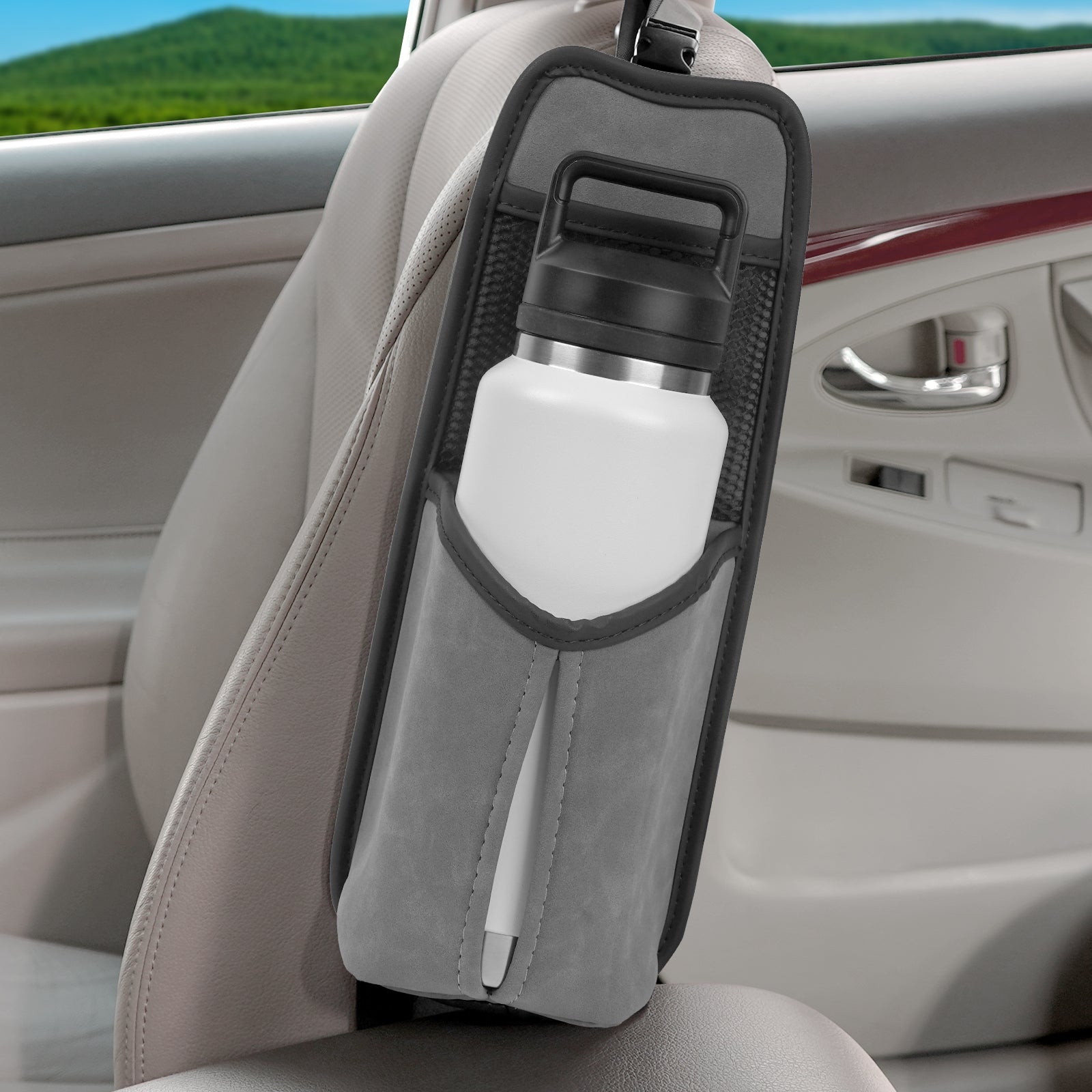Linkidea Car Seat Side Large Water Bottle Holder Compatible with Owala FreeSip 24oz/32oz, Yeti Rambler 26oz/36oz, Auto Seat Large Car Bottle Hanging Storage Organizer with Mesh Pocket, Grey