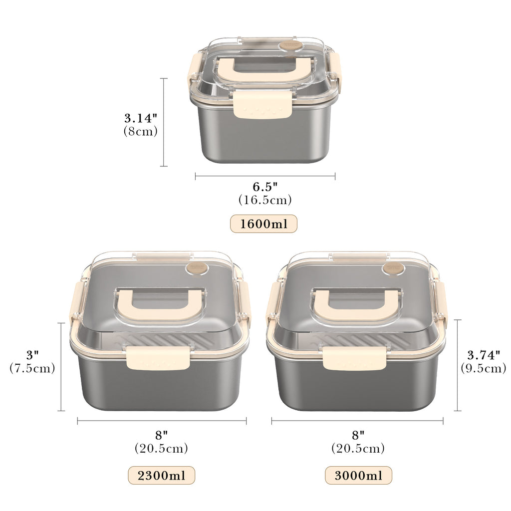 Linkidea 3 Pack Square 304 Stainless Steel Fruit and Food Containers with Lid, Preservation Box Container Fridge Fresh-Keeping, Fruit Storage Container with Handle Oven/Dishwasher Safe (Silver)