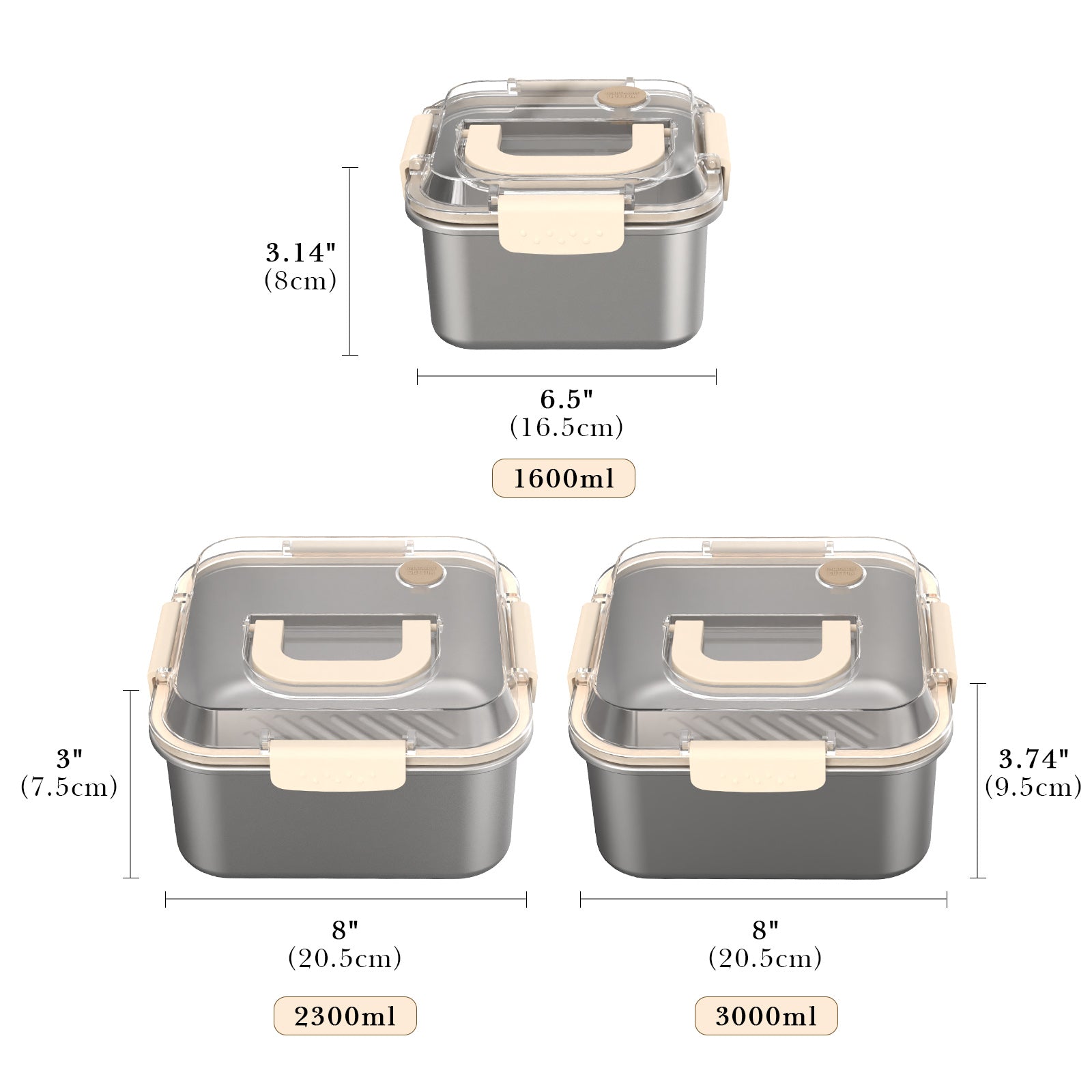 Linkidea 3 Pack Square 304 Stainless Steel Fruit and Food Containers with Lid, Preservation Box Container Fridge Fresh-Keeping, Fruit Storage Container with Handle Oven/Dishwasher Safe (Silver)