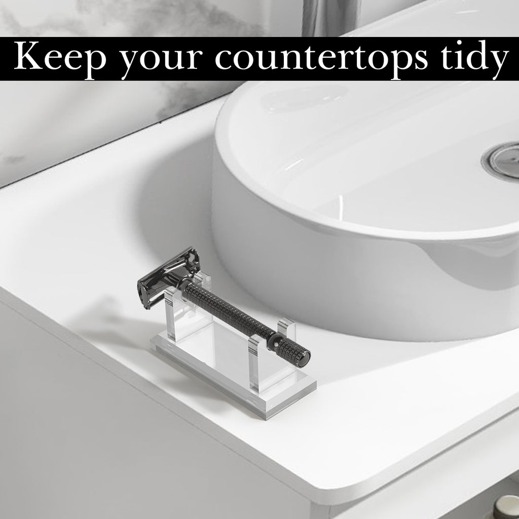 Linkidea Acrylic Men's Razor Stand Holder, Stable Storage Bracket Bathroom Countertop Organizer, Easy Clean, Compatible with Viking Blade Chief, MK-23C, Shaving Revolution (Clear)