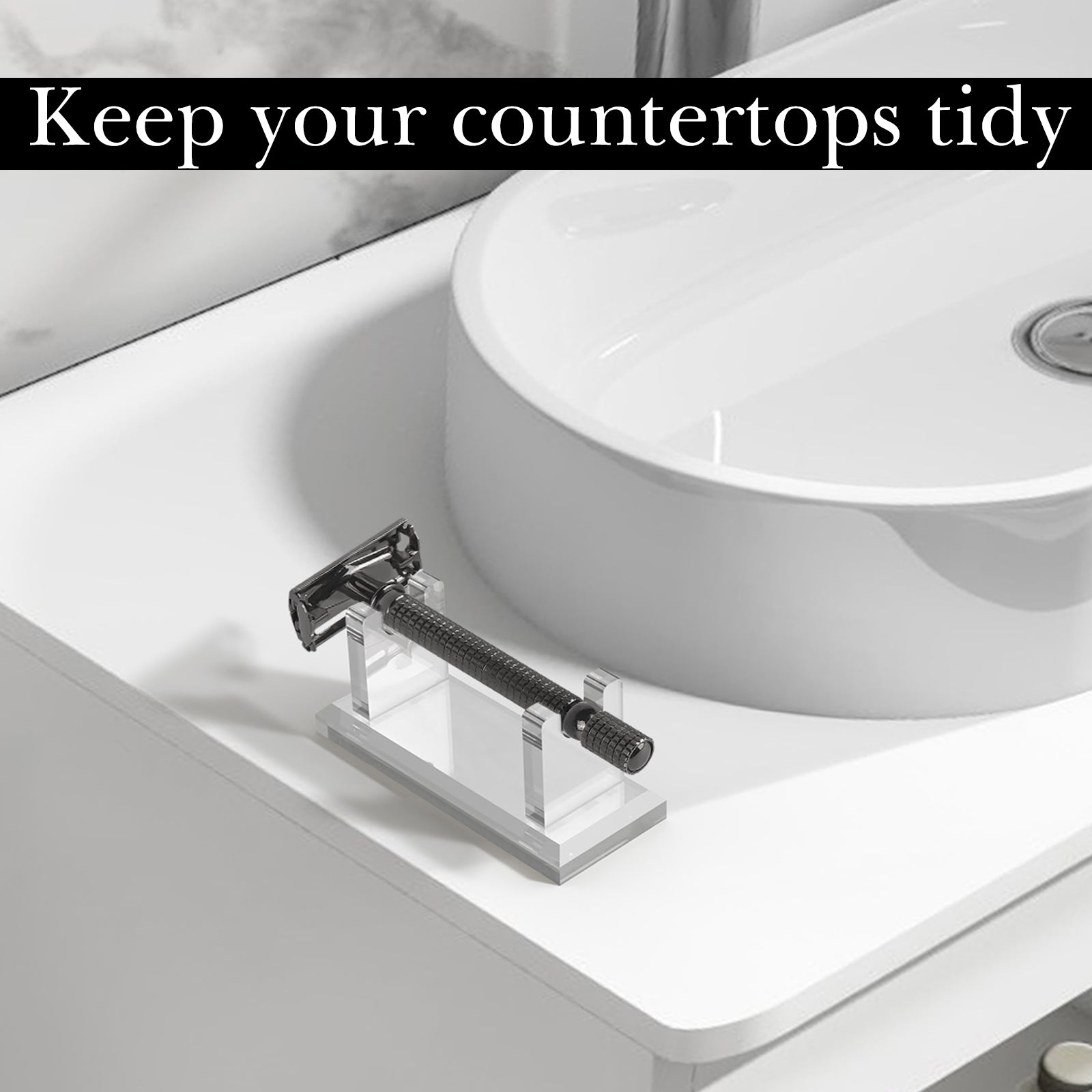 Linkidea Acrylic Men's Razor Stand Holder, Stable Storage Bracket Bathroom Countertop Organizer, Easy Clean, Compatible with Viking Blade Chief, MK-23C, Shaving Revolution (Clear)