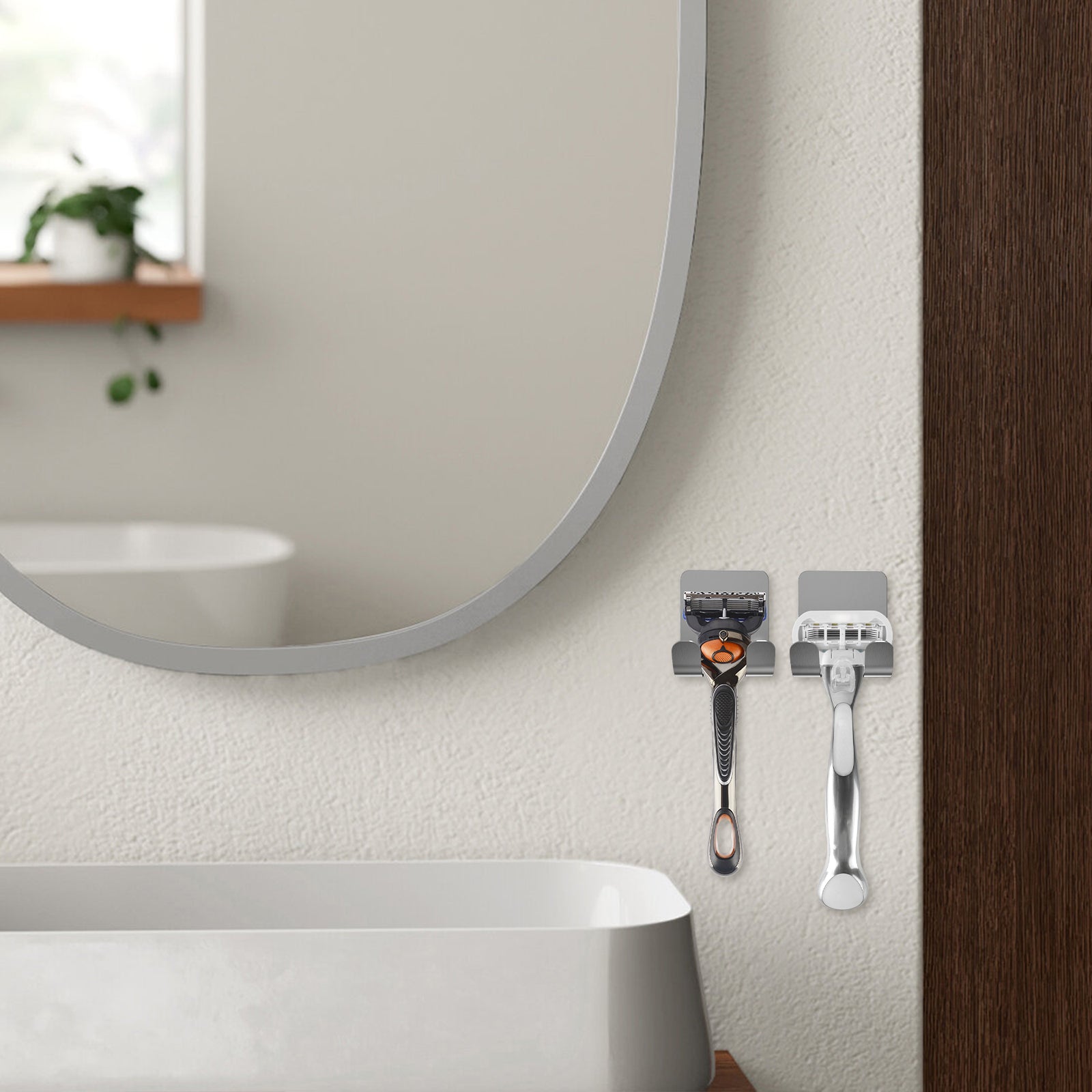 Linkidea 2 Pack Wall Mount Razor Holder for Shower, Self Adhesive Shaver Hooks, Stainless Steel Sticky Hanger Compatible Gillette with Venus Platinum, Fusion 5 Proshield, Mach 3 (Silver)