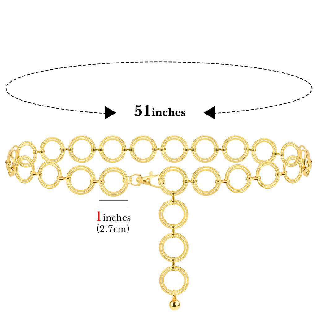 Plus Size Chain Belt for Women, Metal Chain Belt Women Belly Waist Chains, Extra Long Body Chain, 51 Inch Adjustable Chunky Belt Chain (Threaded Ring, Gold)
