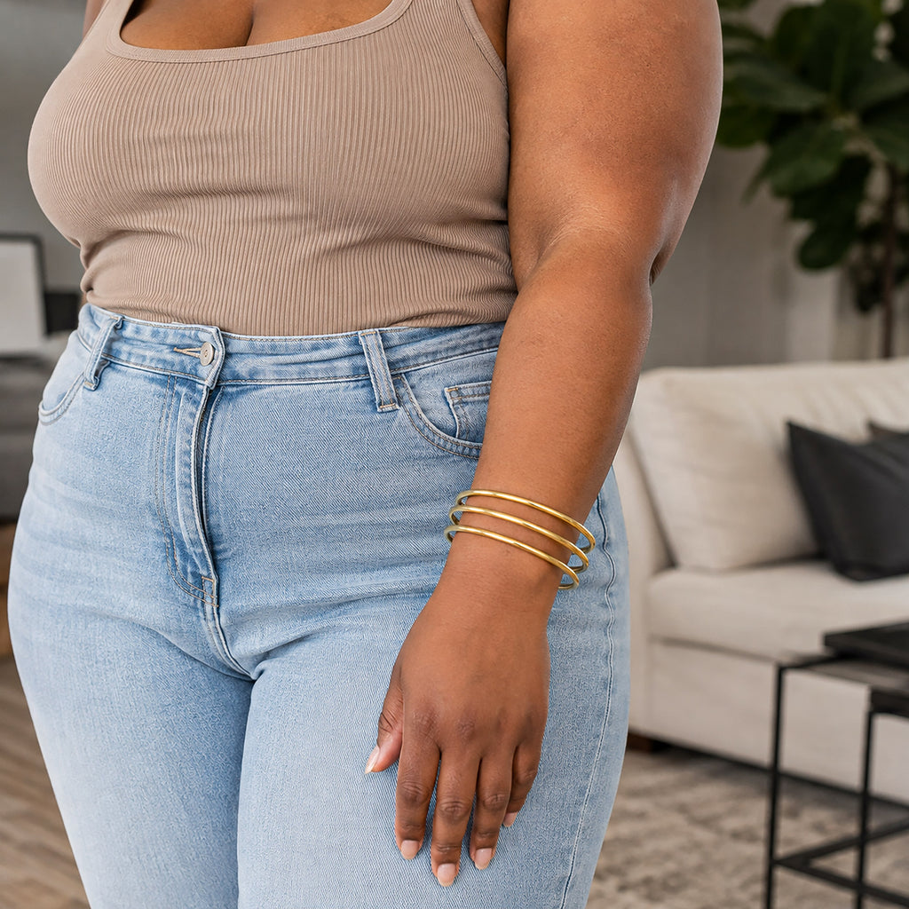 Plus Size Bangle Bracelets Set for Women, Set of 6 Stainless Steel Extra Large Round Gold & Silver Bangles Fashion Accessories, 9.8 Inches (XXL)