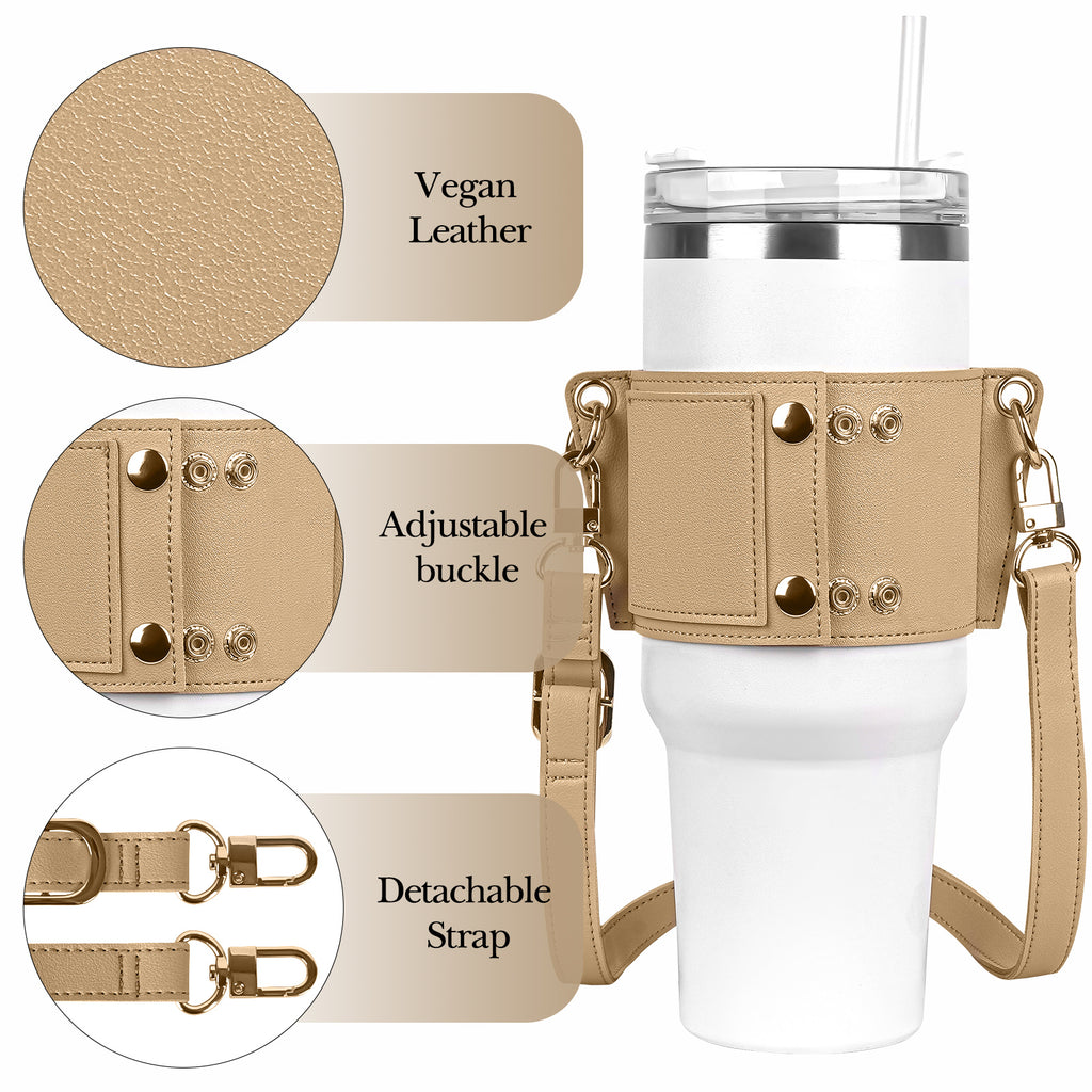 Linkidea Water Bottle Holder with Strap Compatible with Stanley Quencher H2.0 30oz/40oz, Simple Modern 40oz Tumbler, Vegan Leather Waterbottle Bag Holder, Shoulder Strap with Keyring, Tan