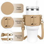 Linkidea Water Bottle Holder with Strap Compatible with Stanley Quencher H2.0 30oz/40oz, Simple Modern 40oz Tumbler, Vegan Leather Waterbottle Bag Holder, Shoulder Strap with Keyring, Tan